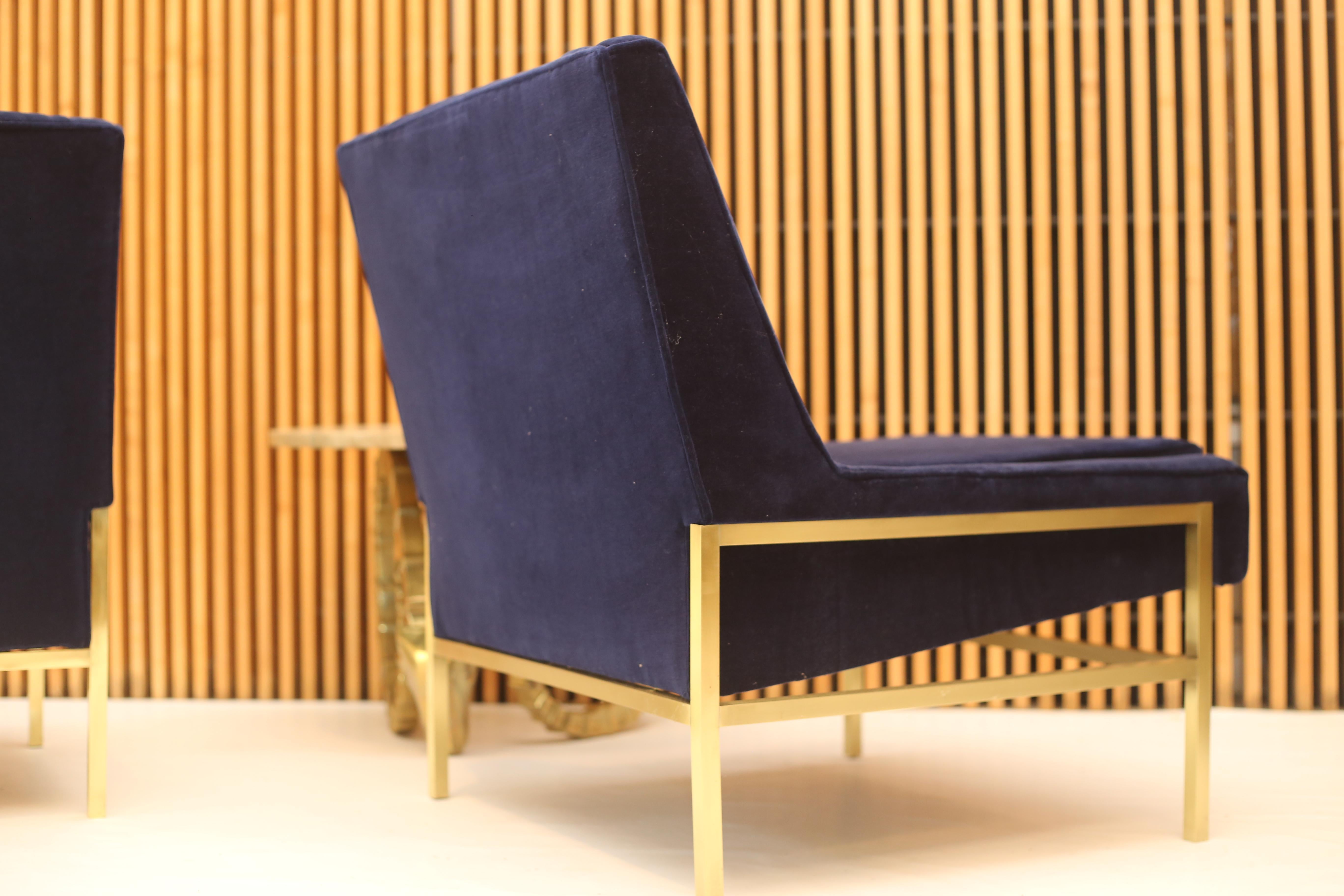 Mid-20th Century Brass and Navy Velvet Lounge Slipper Chairs attributed to Harvey Probber 