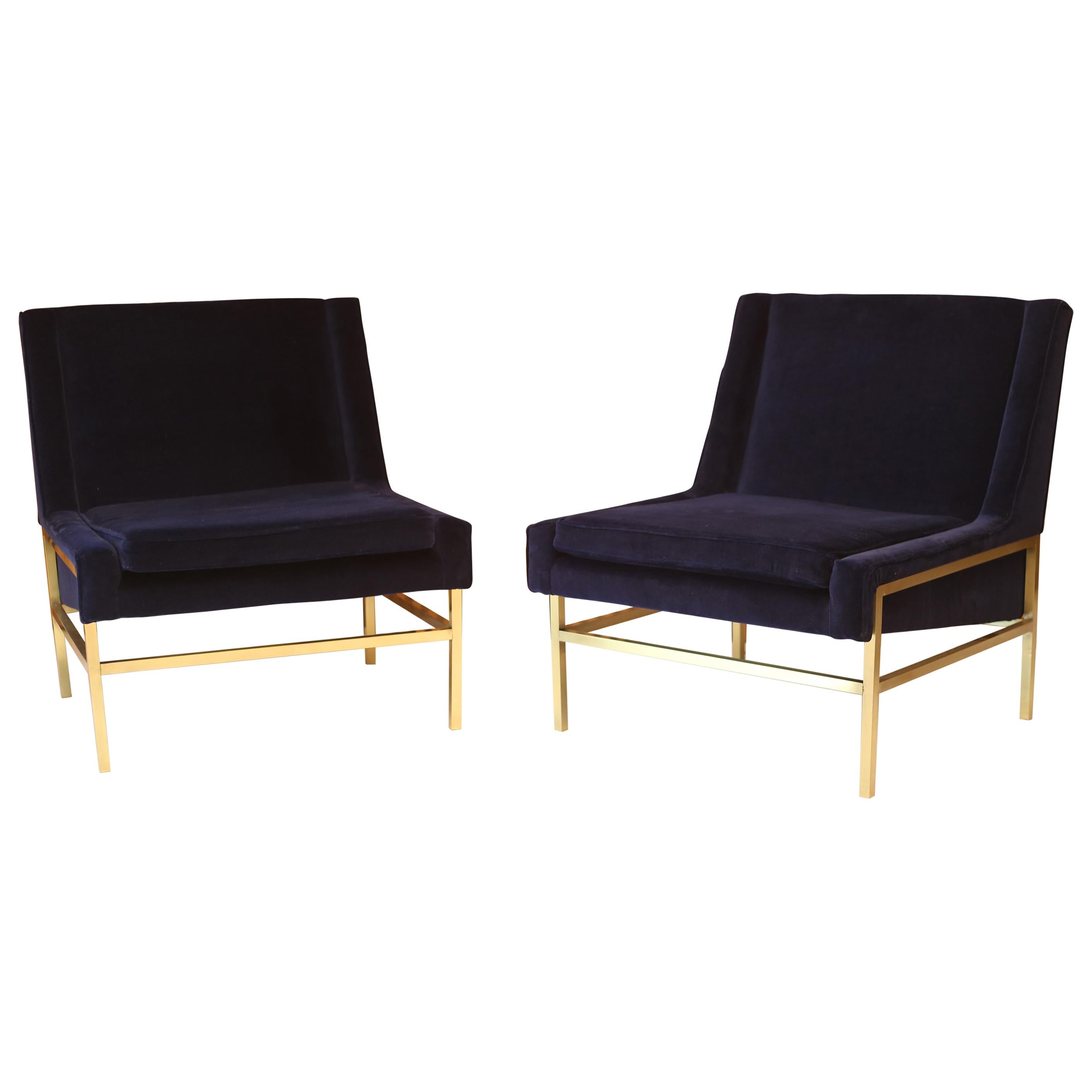 Brass and Navy Velvet Lounge Slipper Chairs attributed to Harvey Probber 