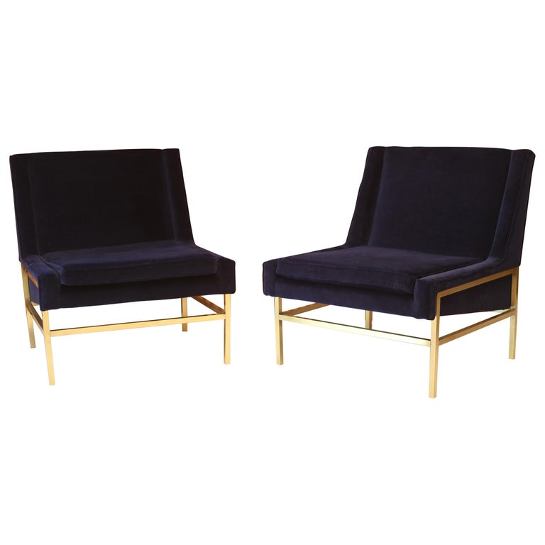 Brass and Navy Velvet Lounge Slipper Chairs attributed to Harvey