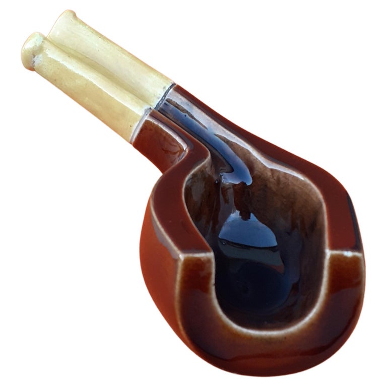 tobacco pipe ashtray Vintage Ceramic  Mid-Century Brown Glazed Novelty Smoking Decor  6" Long a cigar cutter Exceptional Herms Ashtray Change Tray