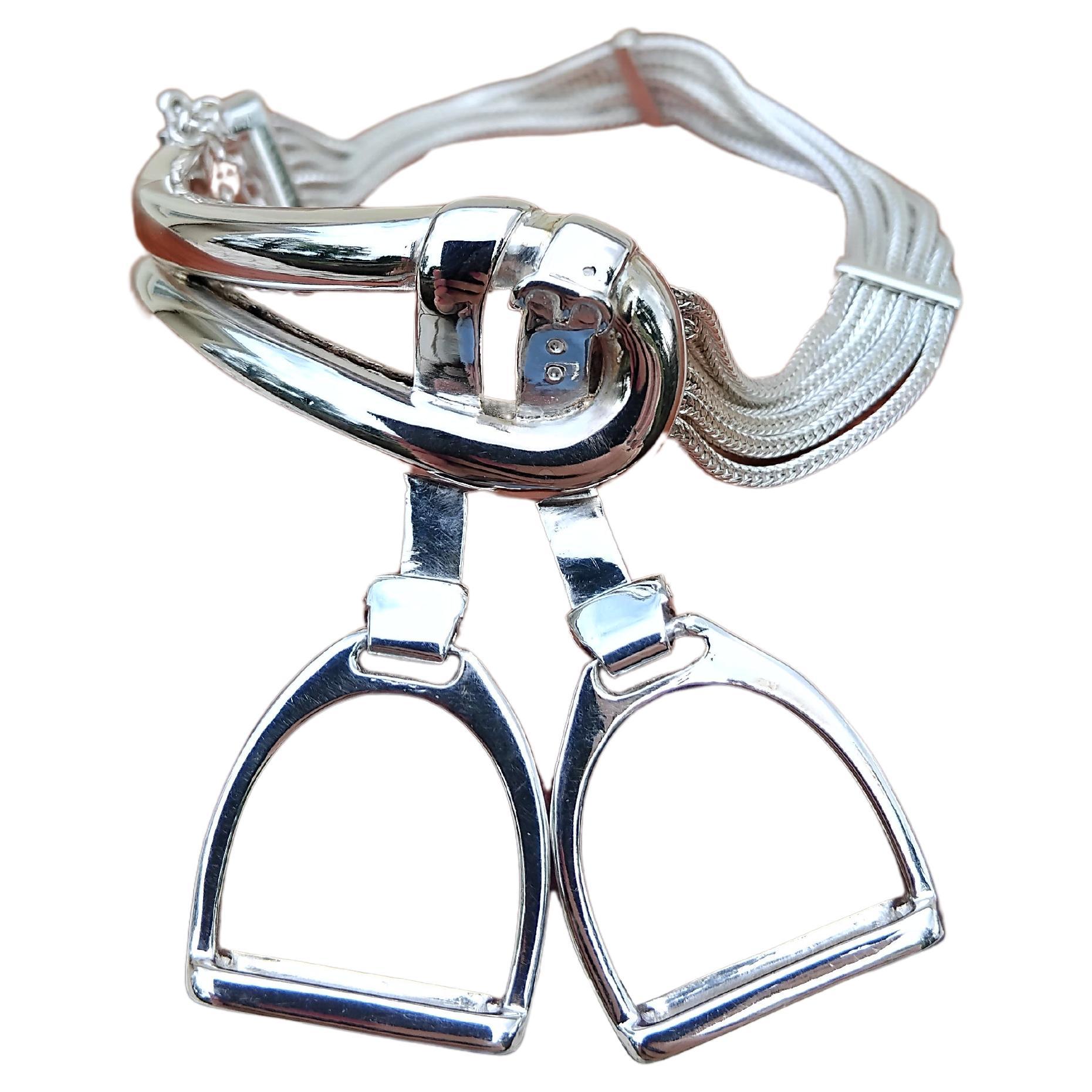 Exceptional Hermès Bracelet Equestrian Theme Stirrups Charms in Silver Texas  For Sale