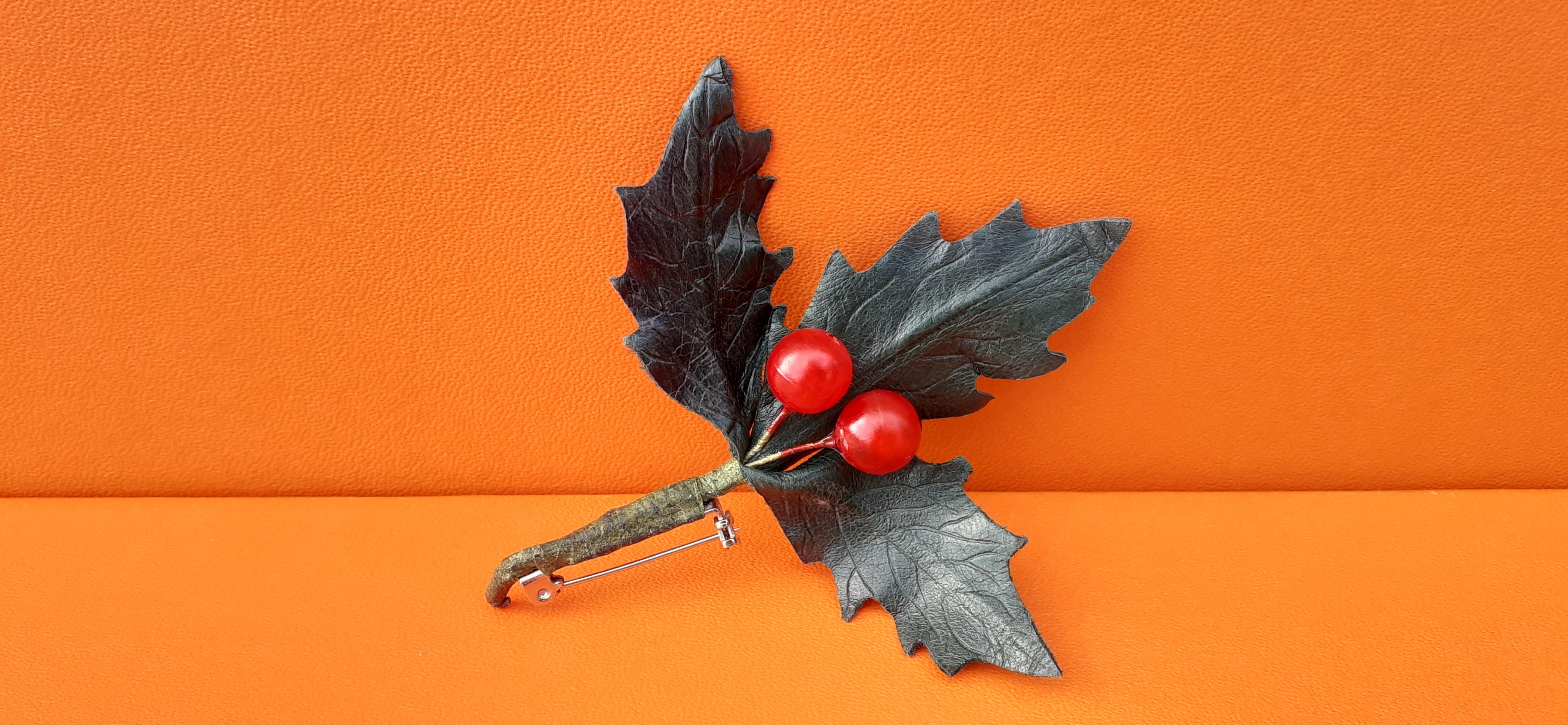 Exceptional Hermès Brooch Holly Branch in Leather RARE 4