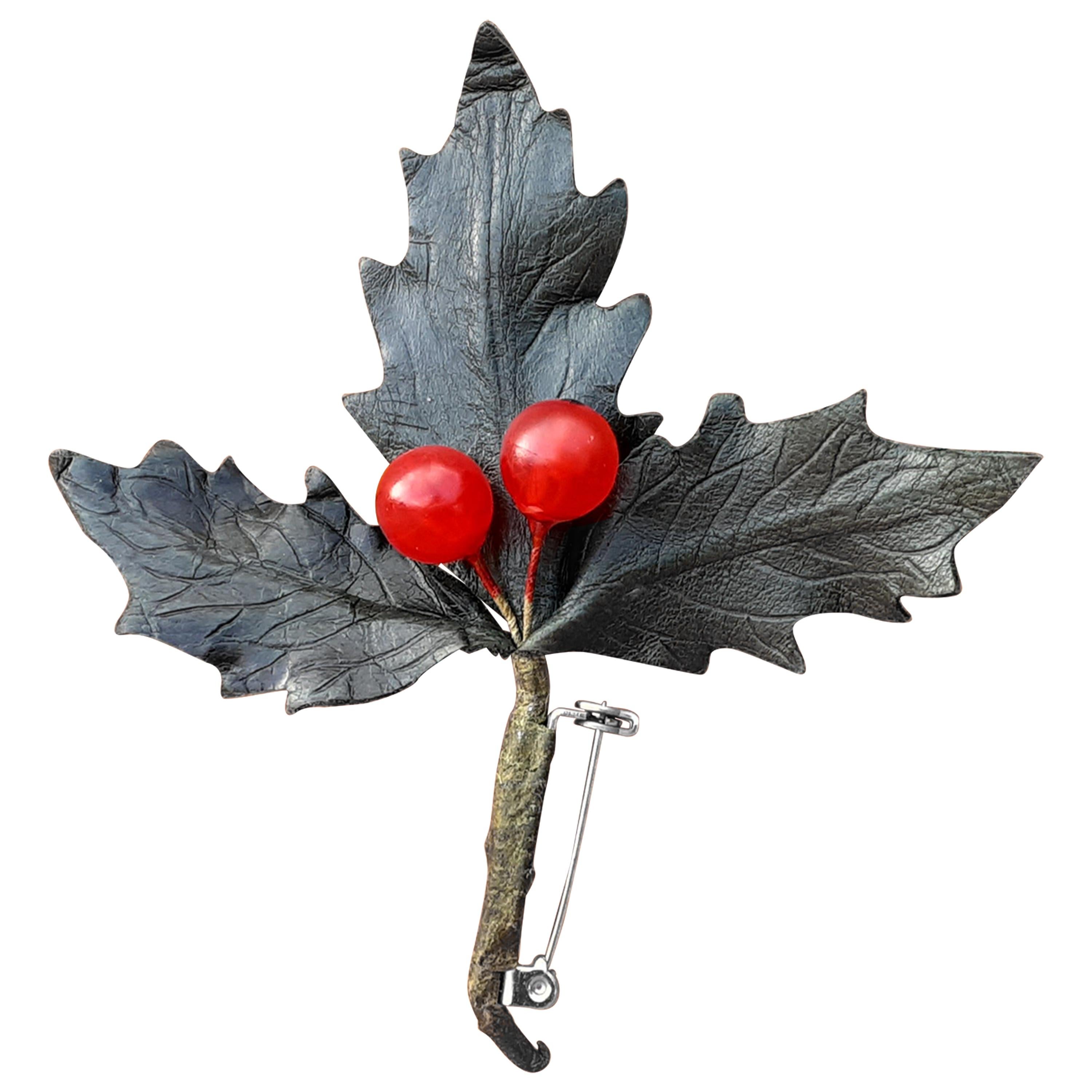 Exceptional Hermès Brooch Holly Branch in Leather RARE