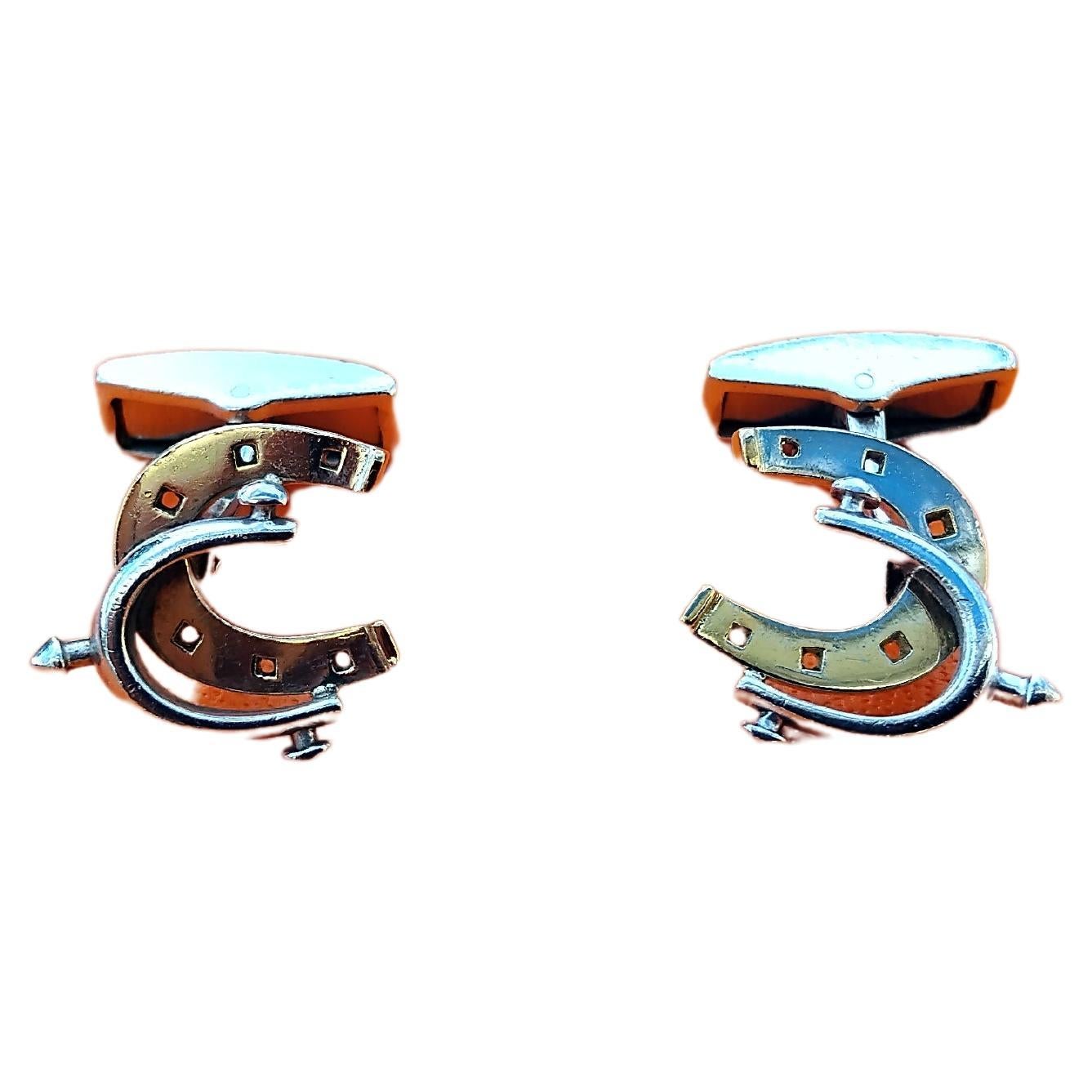 Women's or Men's Exceptional Hermès Cufflinks Horseshoe and Spur Shaped Silver Vermeil Texas For Sale