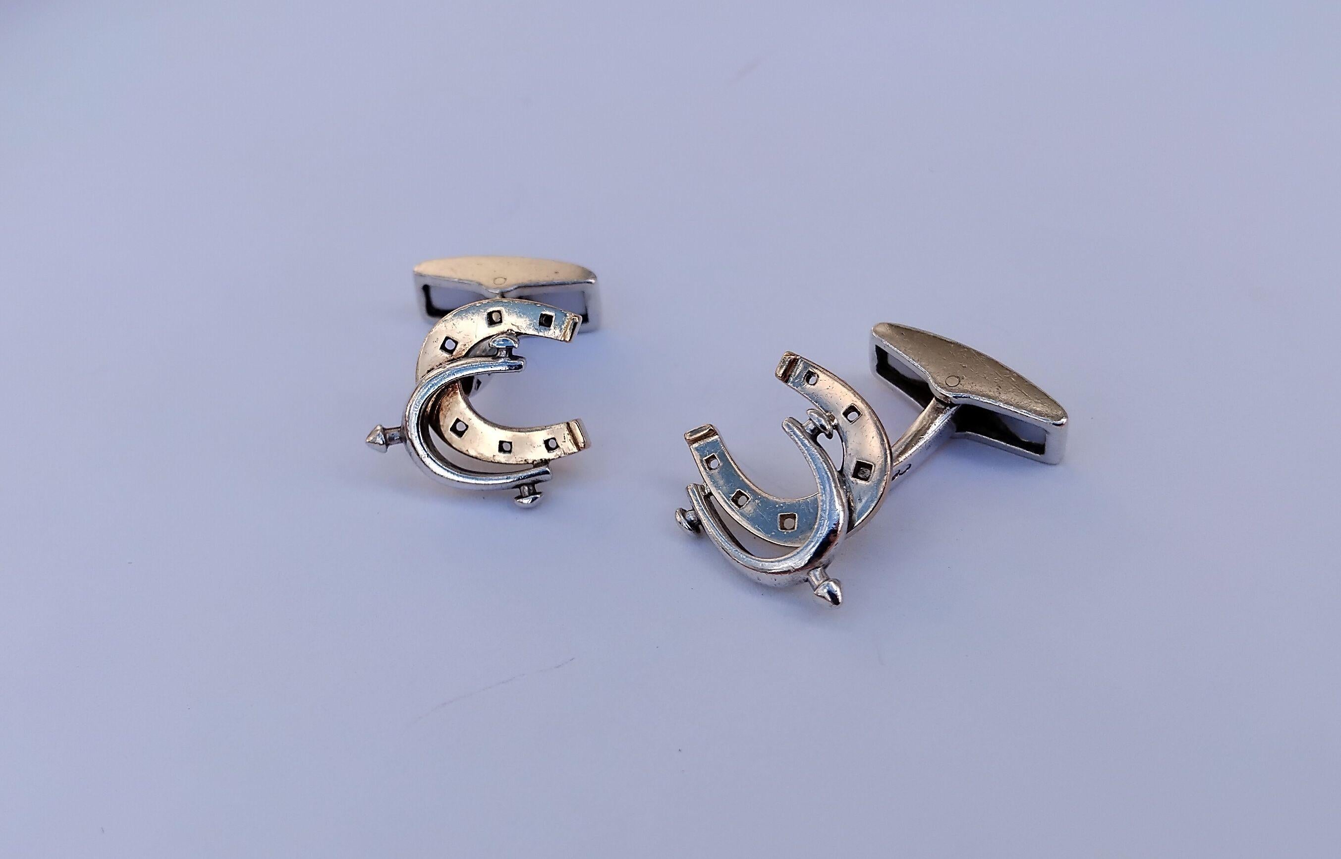 Exceptional Hermès Cufflinks Horseshoe and Spur Shaped Silver Vermeil Texas For Sale 4