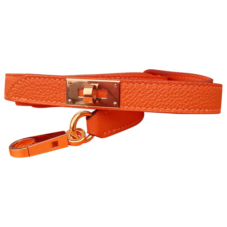 Exceptional Hermès Dog Leash Kelly Pattern Orange Leather Gold Hdw For