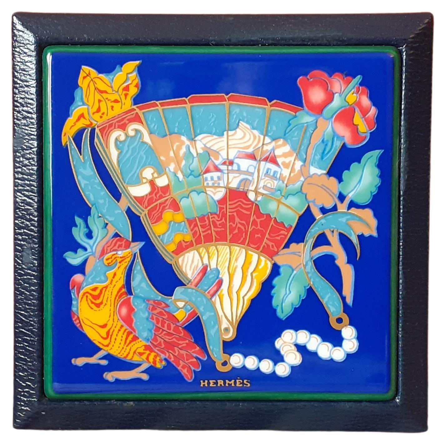 Exceptional Hermès Enamel and Leather Powder Compact Brise de Charme Fan For Sale