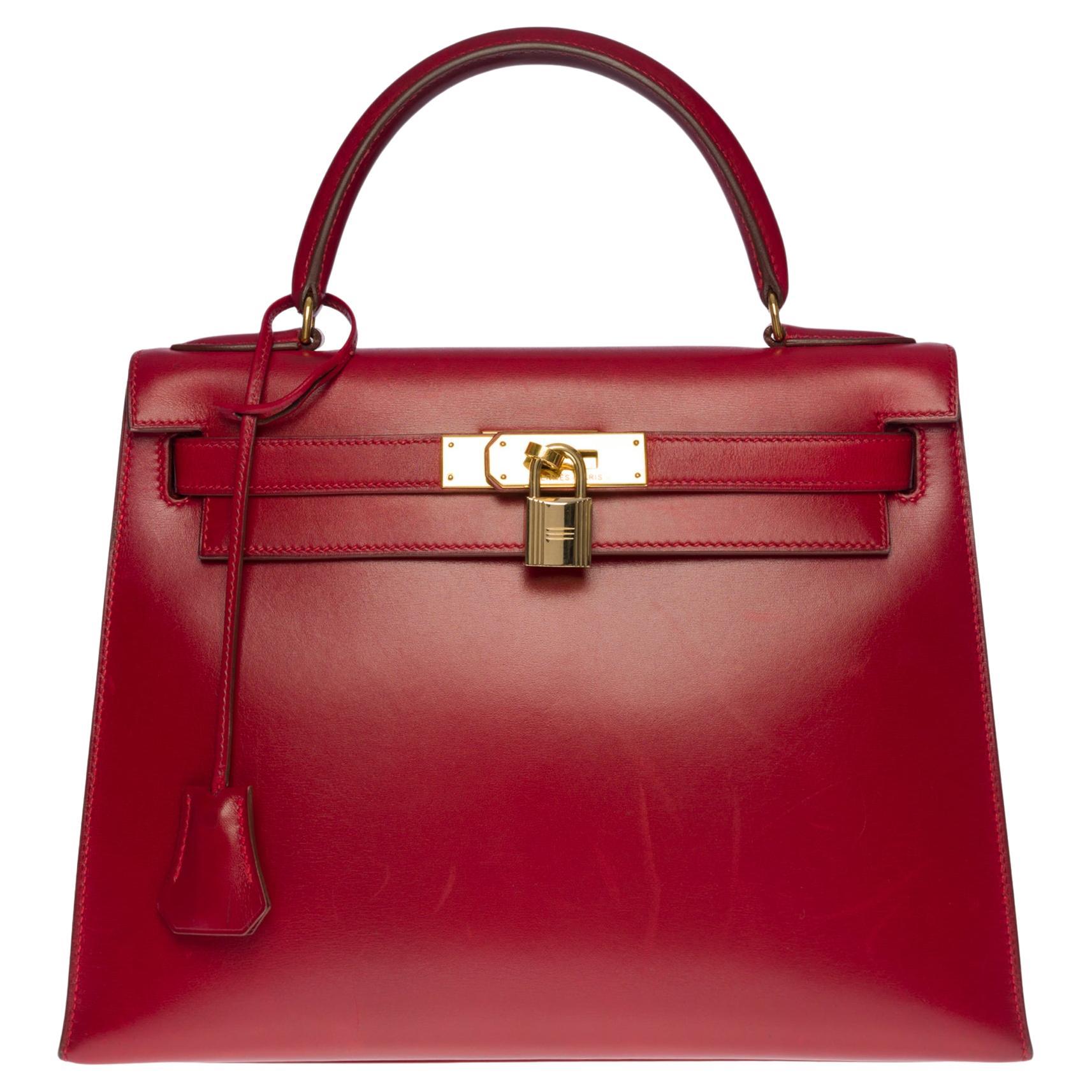 Exceptional Hermes Kelly 28 sellier handbag in Rouge H box calfskin leather, GHW