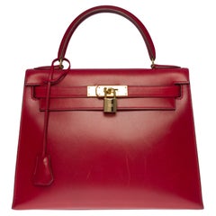 Exceptionnel sac à main Kelly 28 sellier Hermès en cuir de veau rouge H boîte, GHW