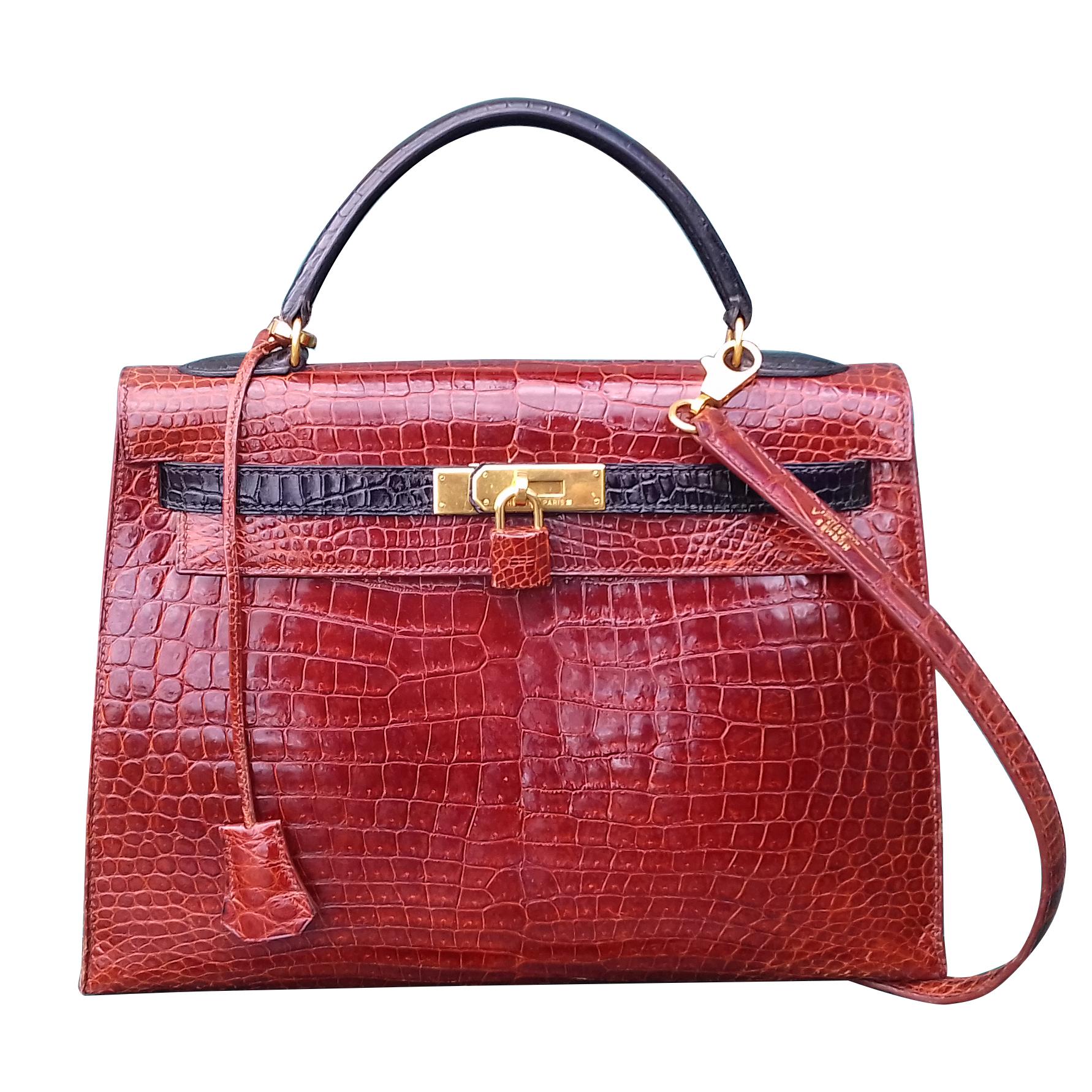 Exceptional Hermès Kelly Bag Vintage Bicolore Etrusque and Black Crocodile 33 cm