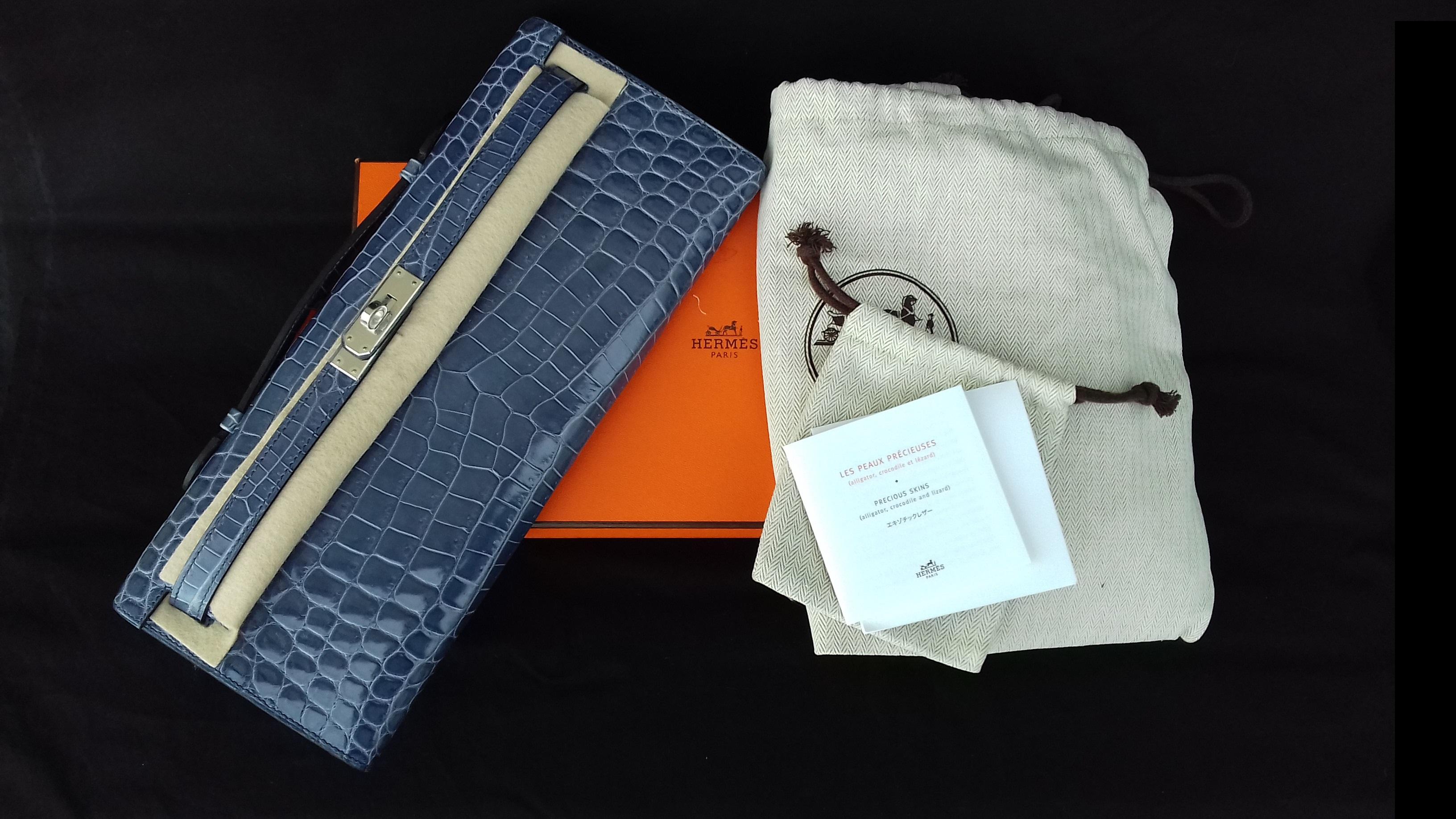 Exceptional Hermès Kelly Cut Pochette Clutch Crocodile Bleu Brighton Phw  14