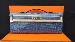 Exceptional Hermès Kelly Cut Pochette Clutch Crocodile Bleu Brighton Phw