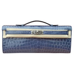 Exceptional Hermès Kelly Cut Pochette Clutch Crocodile Bleu Brighton Phw