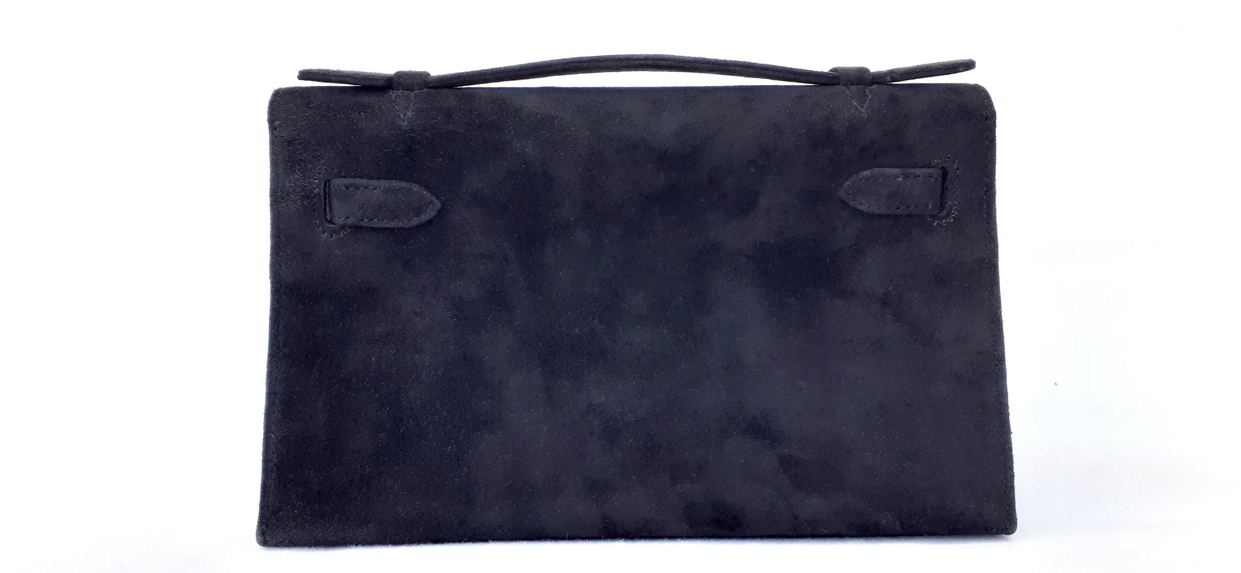 Exceptional Hermès Kelly Pochette Handbag Black Doblis Suede Leather Phw  1