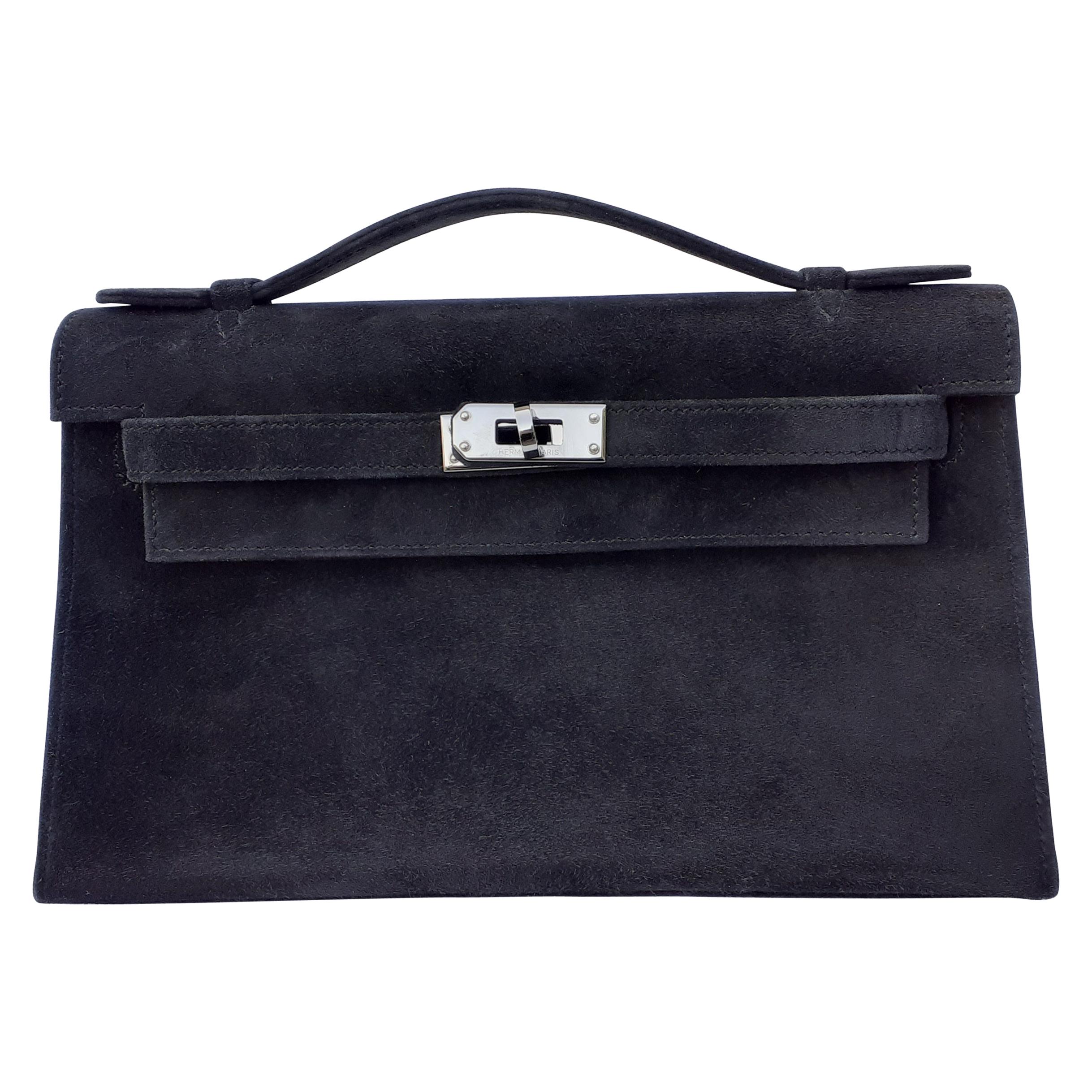 Exceptional Hermès Kelly Pochette Handbag Black Doblis Suede Leather Phw 