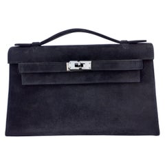 Exceptional Hermès Kelly Pochette Handbag Black Doblis Suede Leather Phw