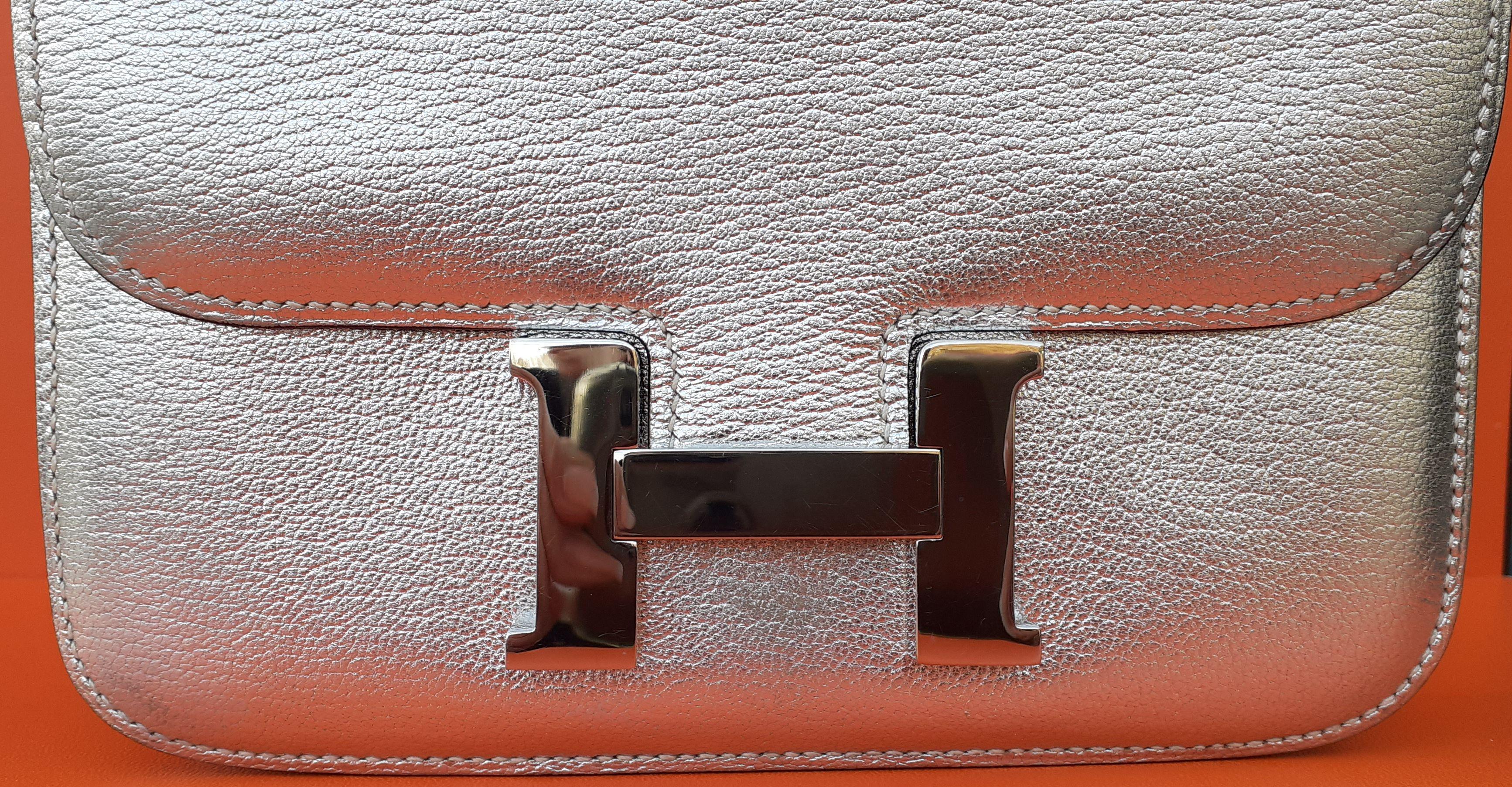 Marron Exceptionnel Hermès Mini Constance Metallic Silver Chevre Leather Phw 18 cm  en vente