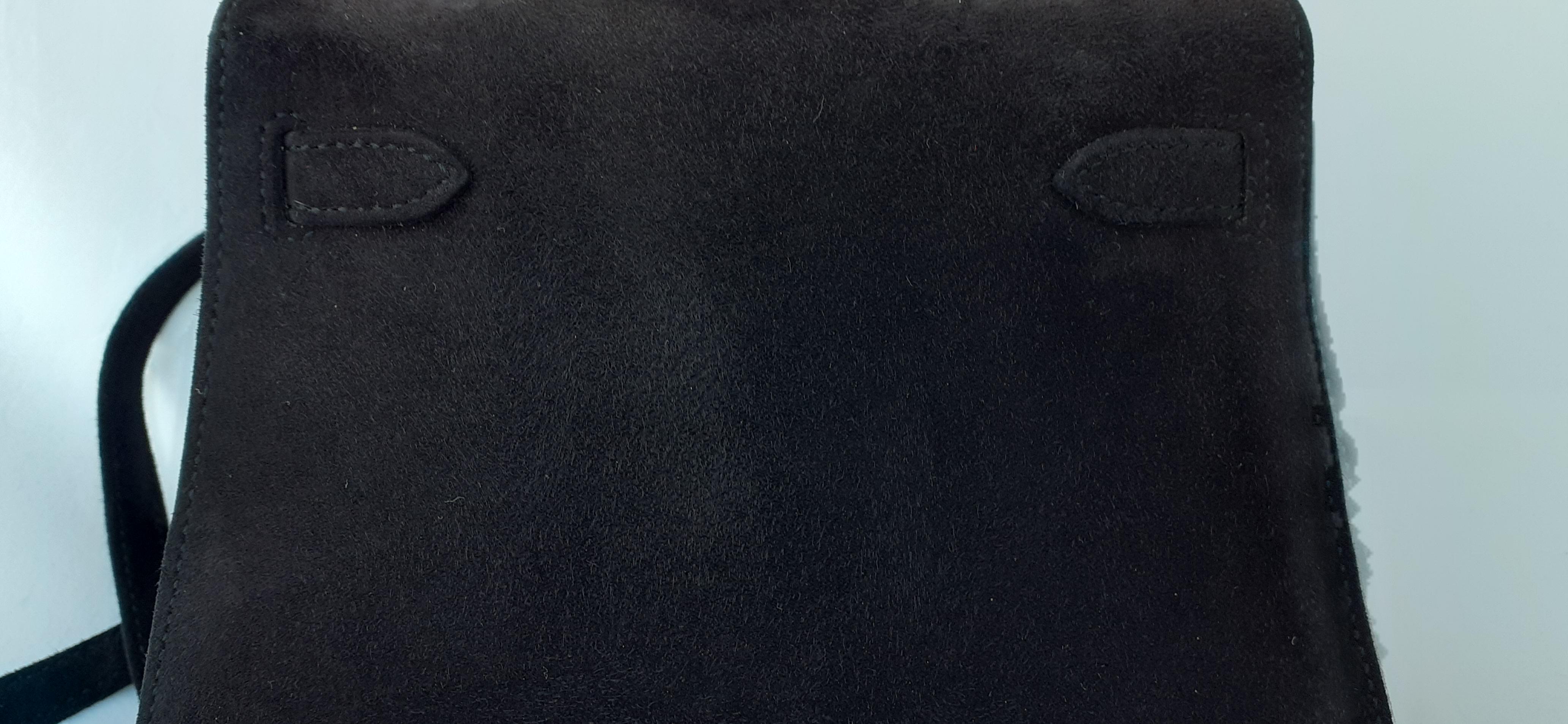 Rare Hermès Mini Kelly 20 cm Sellier Bag Full Doblis Suede Black Ghw 4