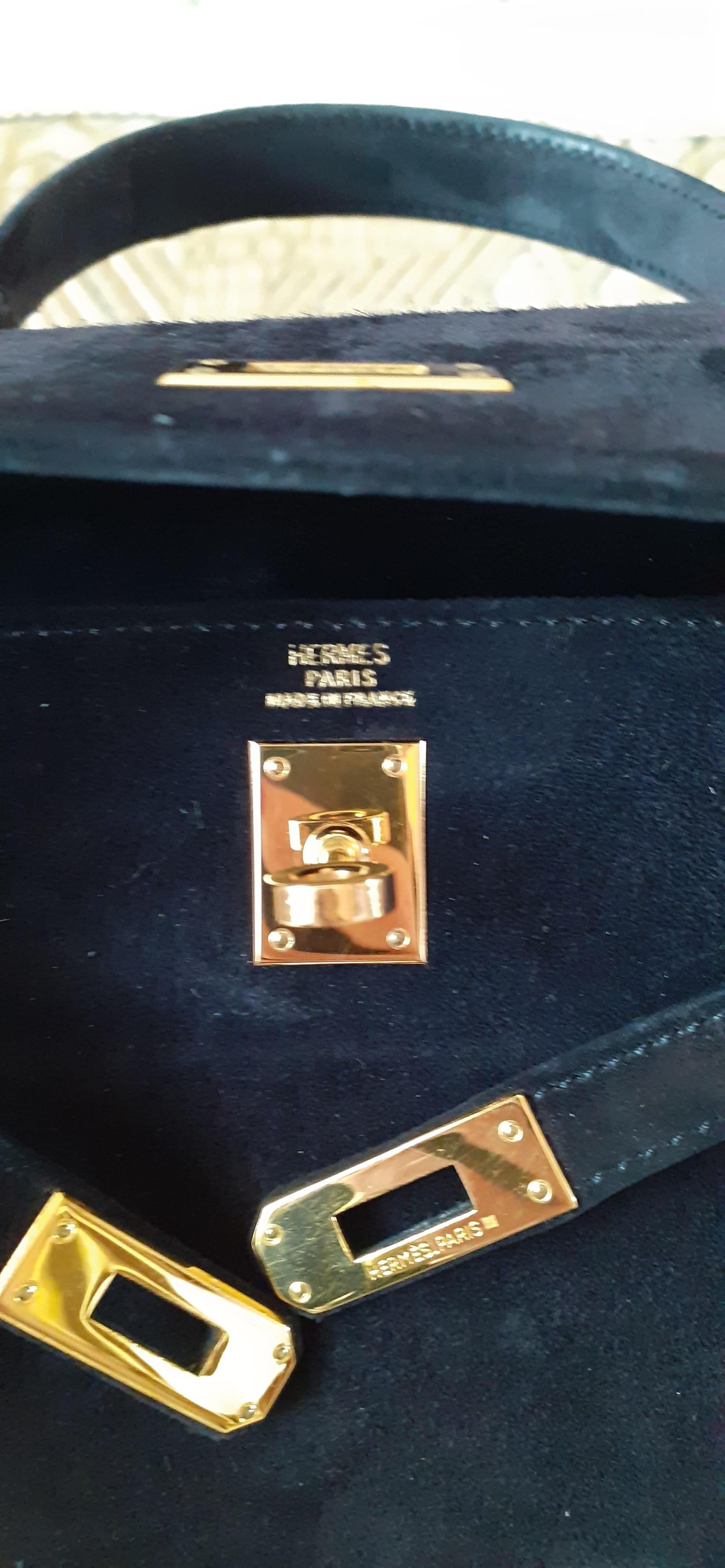 Rare Hermès Mini Kelly 20 cm Sellier Bag Full Doblis Suede Black Ghw 2
