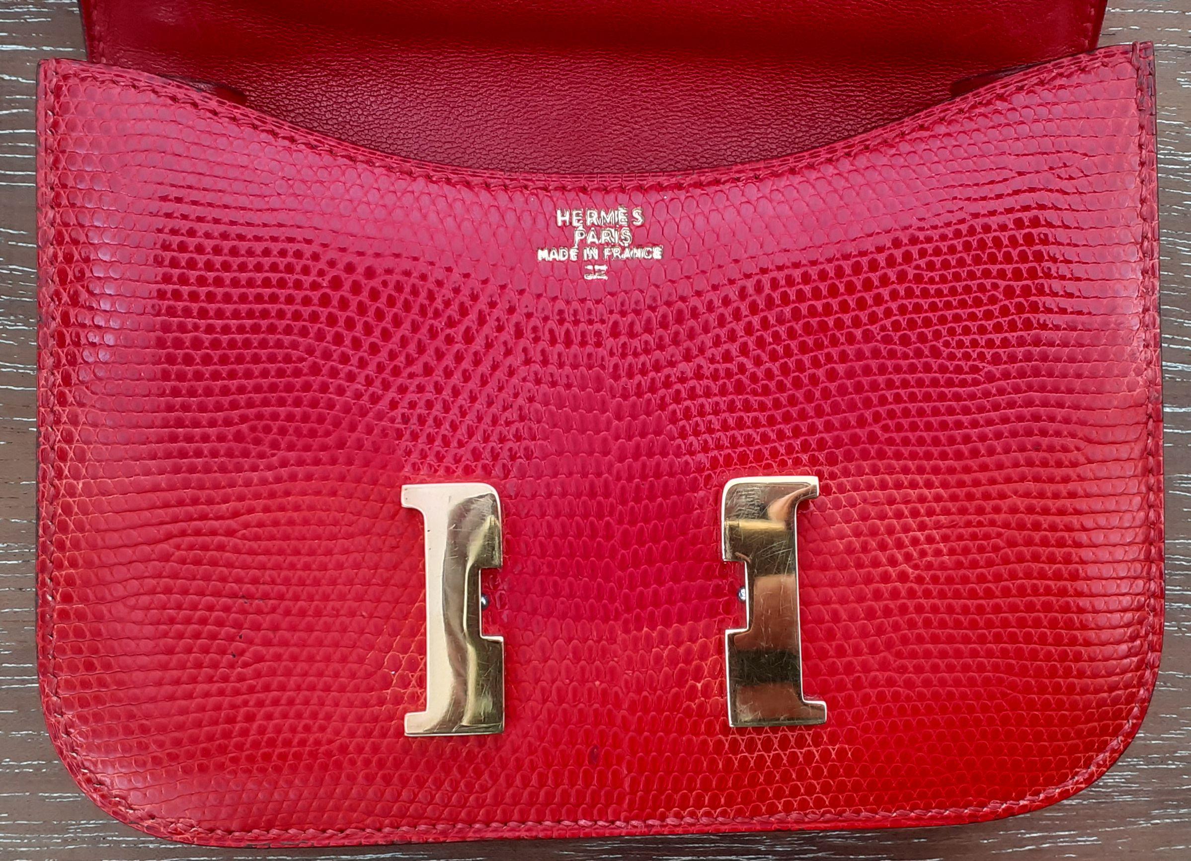 Exceptionnel Hermès Mini Micro Constance Lézard Rouge Plaqué Or Hdw Rare 9