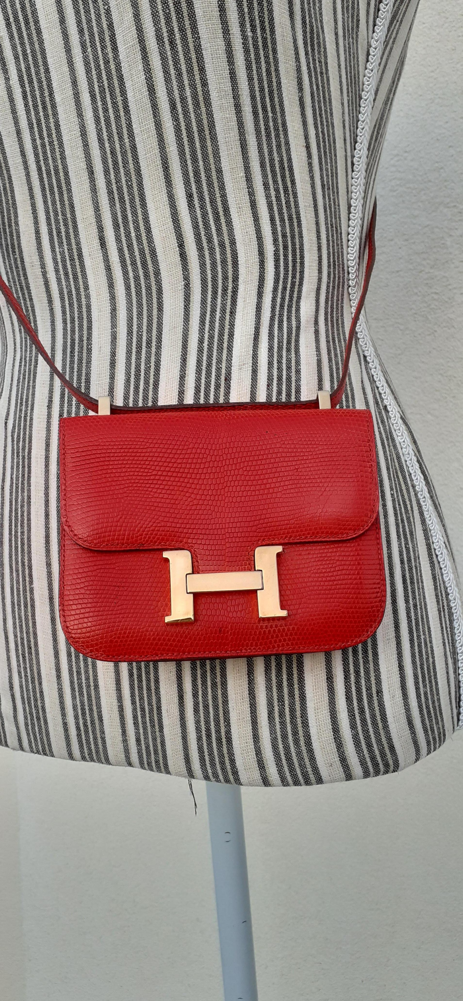 Exceptionnel Hermès Mini Micro Constance Lézard Rouge Plaqué Or Hdw Rare 16