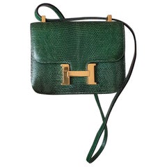 Außergewöhnliche Hermès Mini Micro Constance Shiny Emerald Green Lizard Ghw RARE