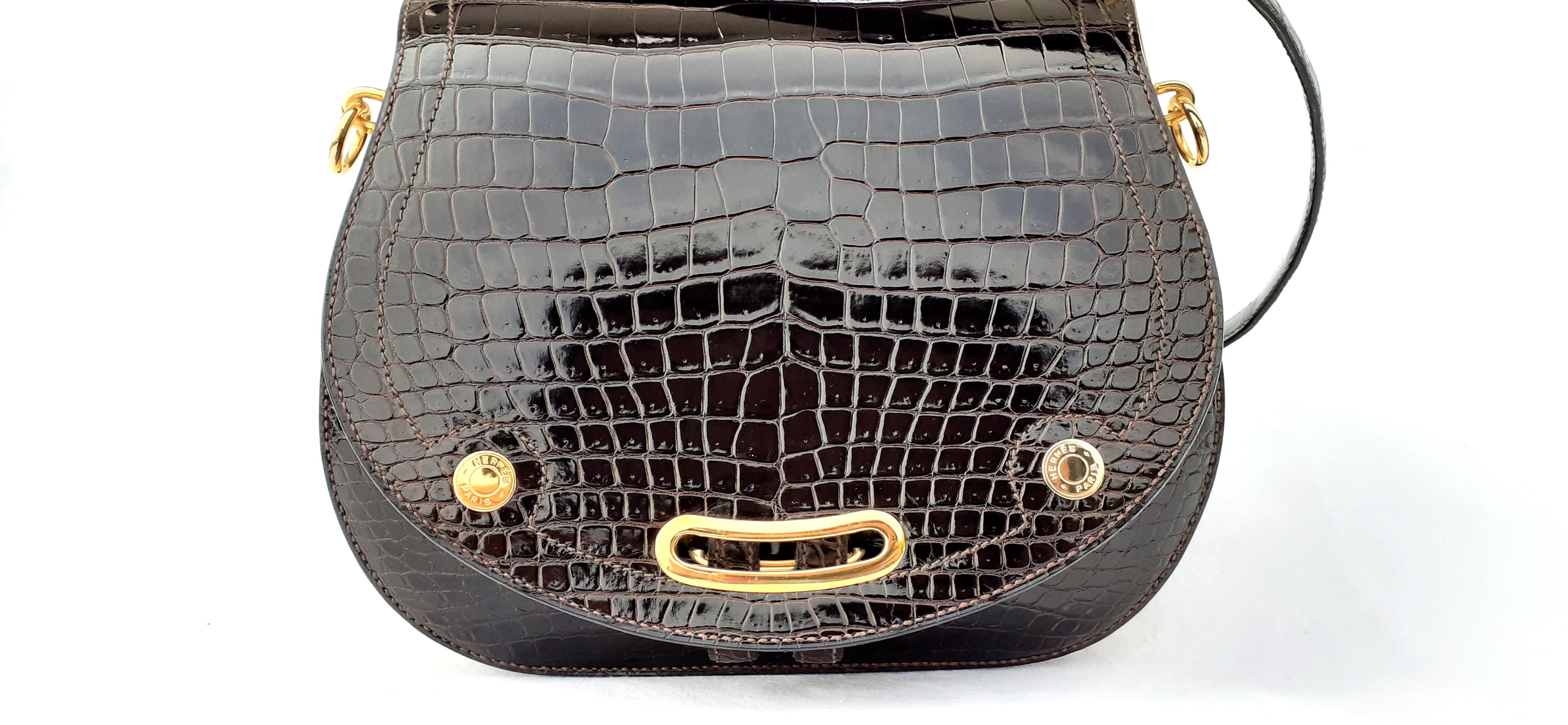 Exceptional Hermès Passe Guide Bag Shiny Ebene Porosus Crocodile Ghw RARE For Sale 9