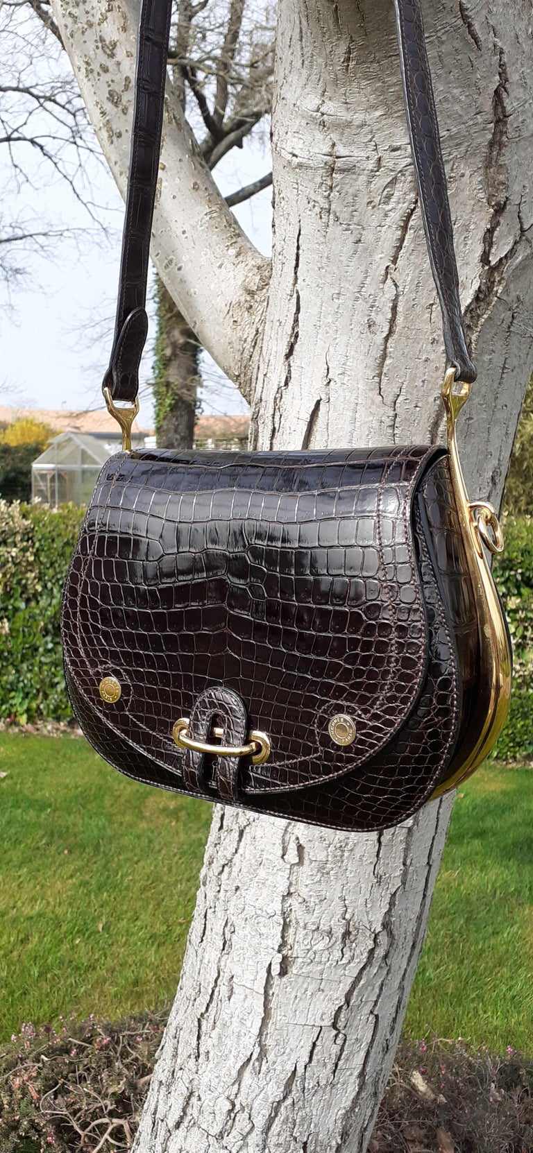 Außergewöhnliche Hermès Passe Guide Tasche Glänzende Ebene Porosus