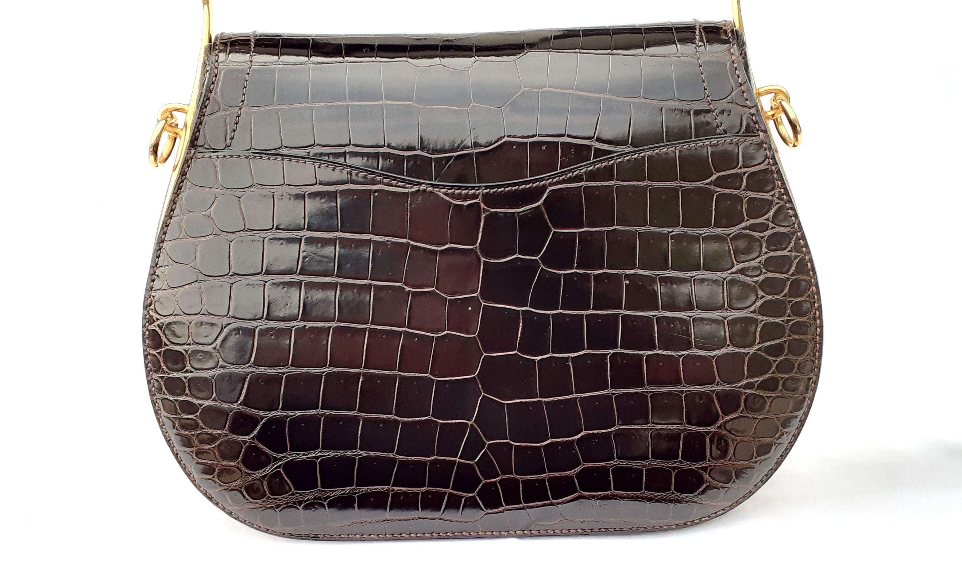 Black Exceptional Hermès Passe Guide Bag Shiny Ebene Porosus Crocodile Ghw RARE For Sale
