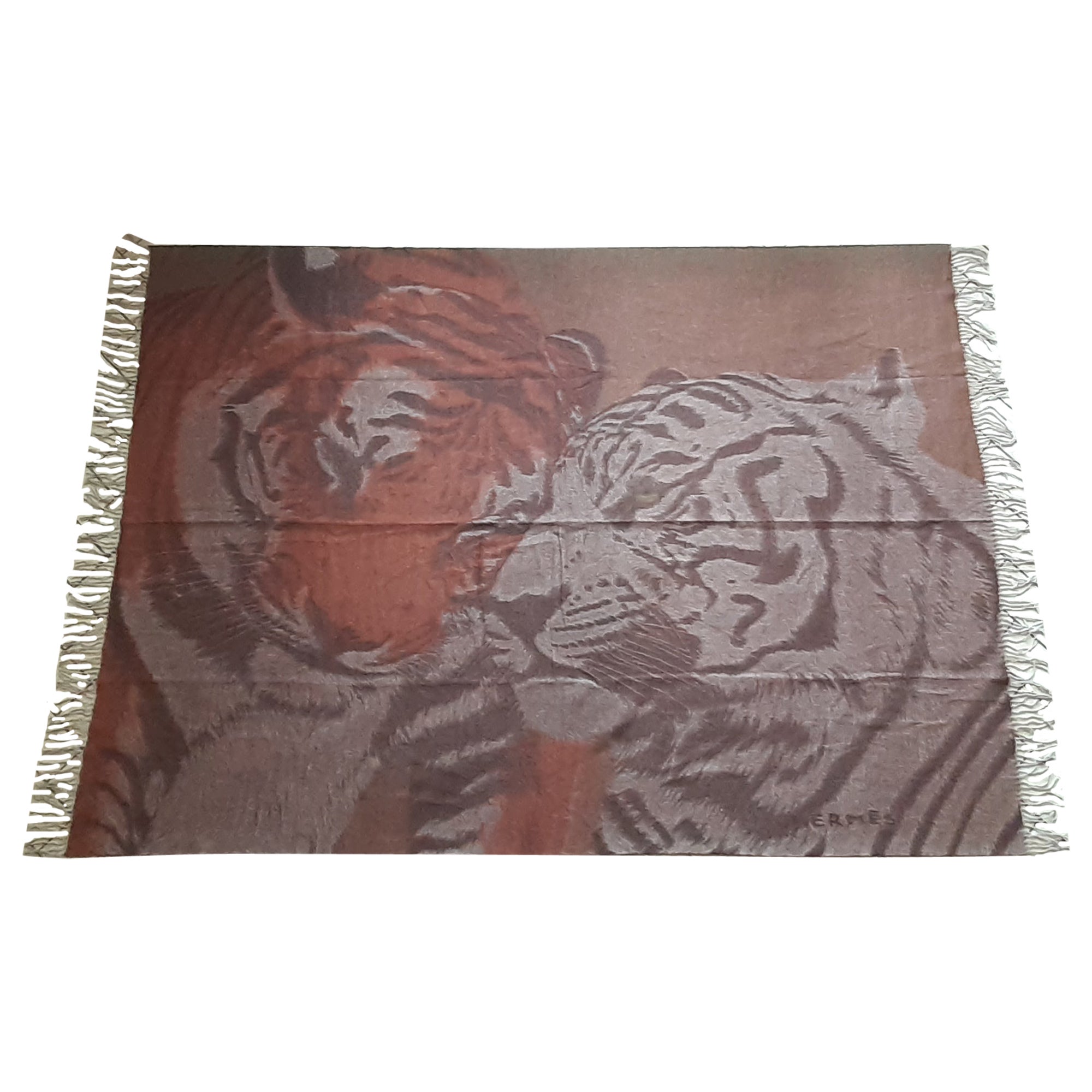 Excepcional manta a cuadros Hermès Funda Tigres Amor en Cachemira