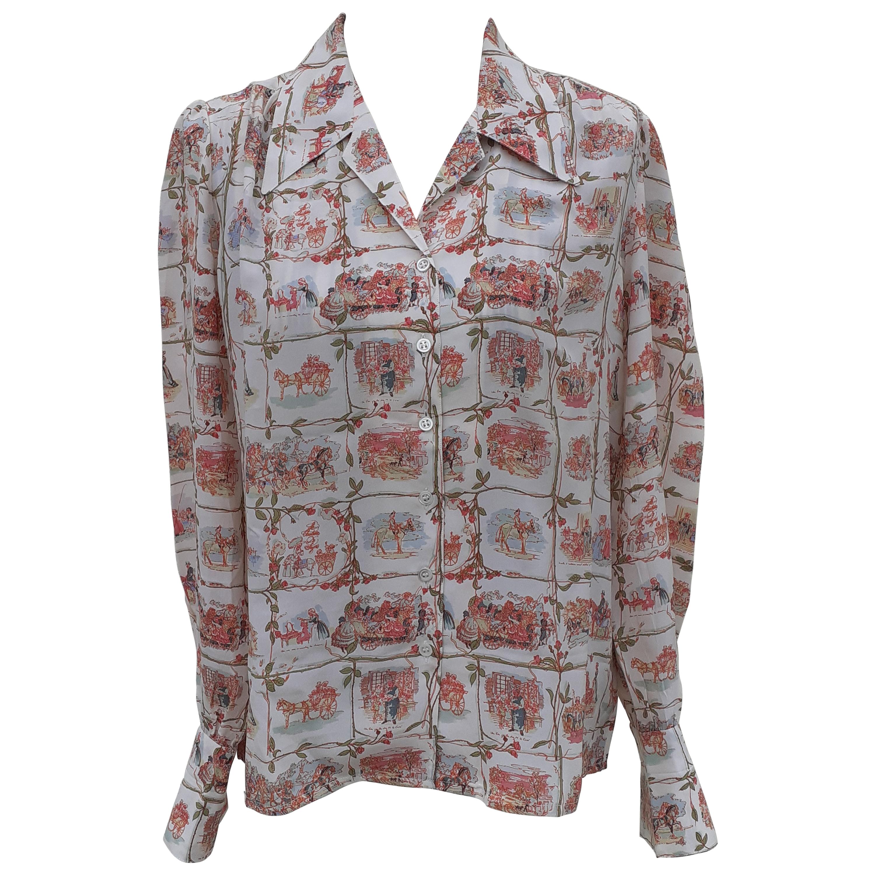 Exceptional Hermès Shirt La Comtesse de Ségur 100% Silk Size 40 Medium