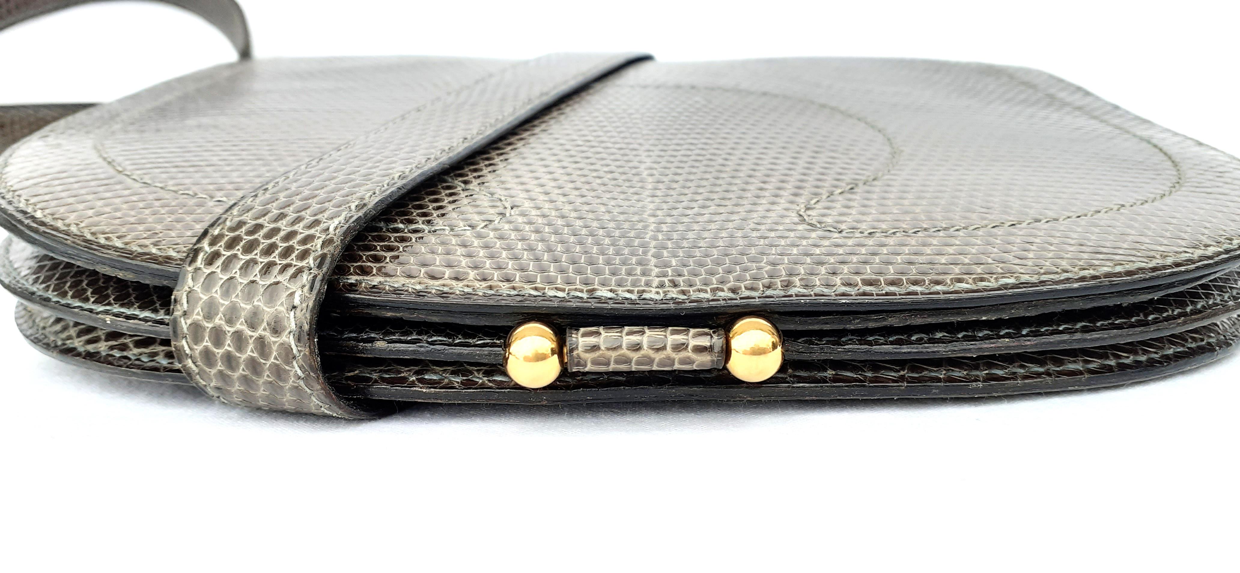 Exceptionnel Hermès Shoulder Bag Purse Green-Grey Lizard Gold Hdw RARE en vente 7