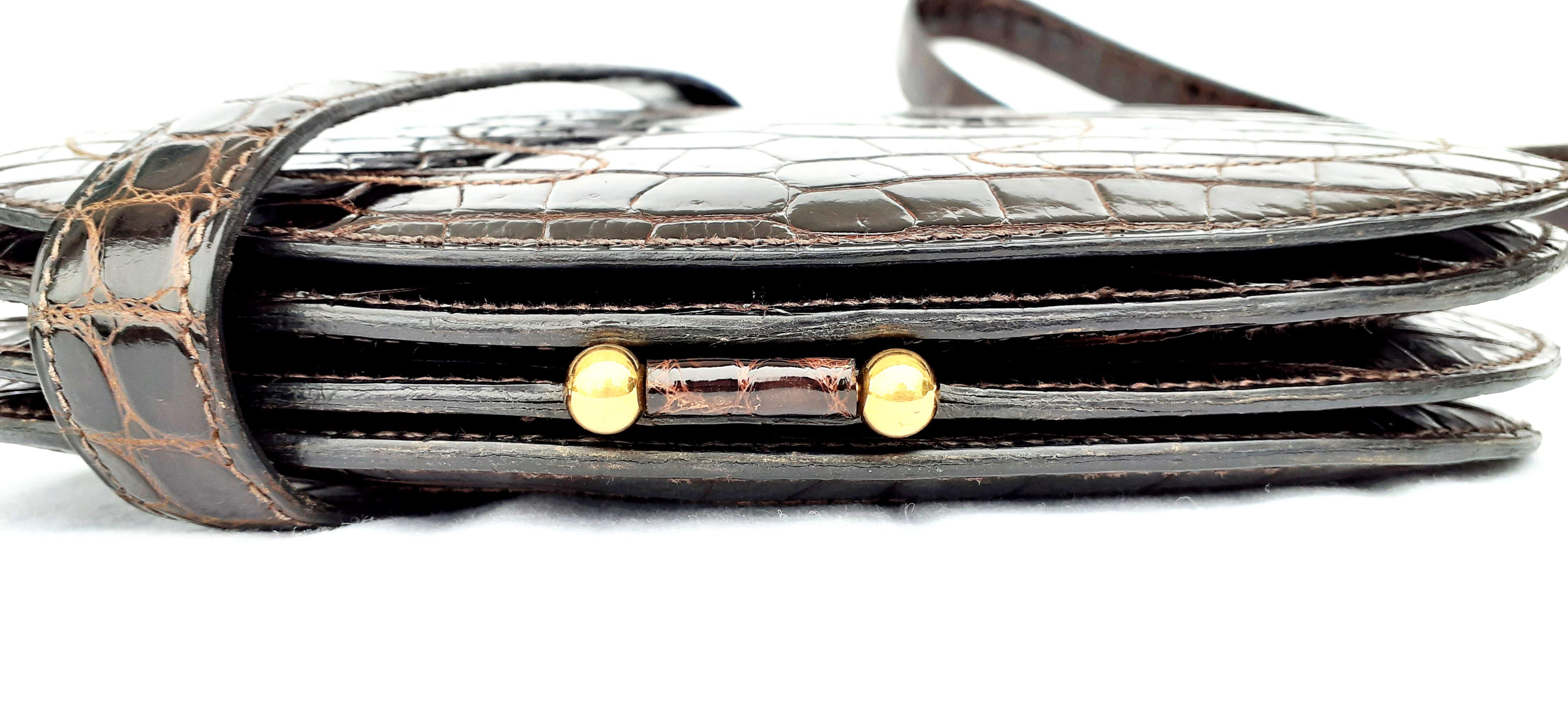 Hermès Shoulder Bag Shiny Brown Crocodile Pororus Gold Hdw 5