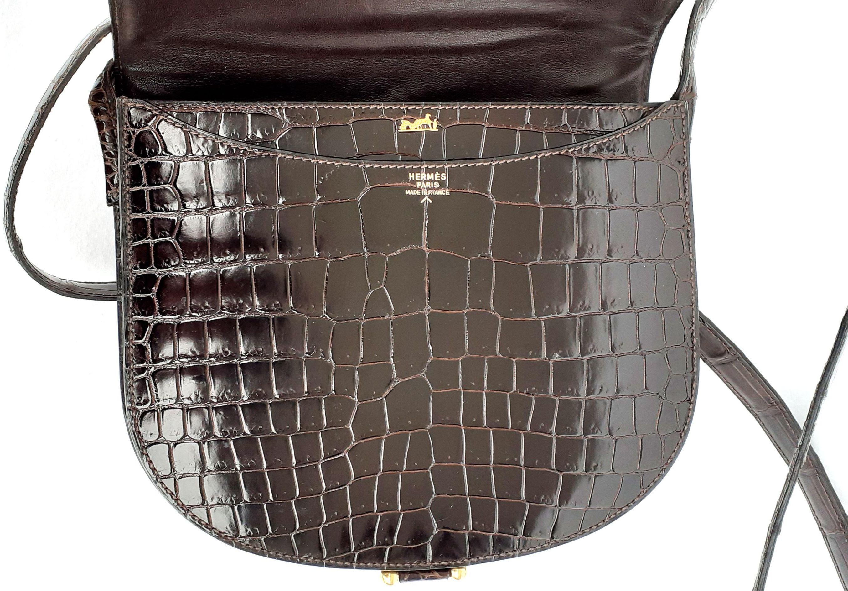 Hermès Shoulder Bag Shiny Brown Crocodile Pororus Gold Hdw 6