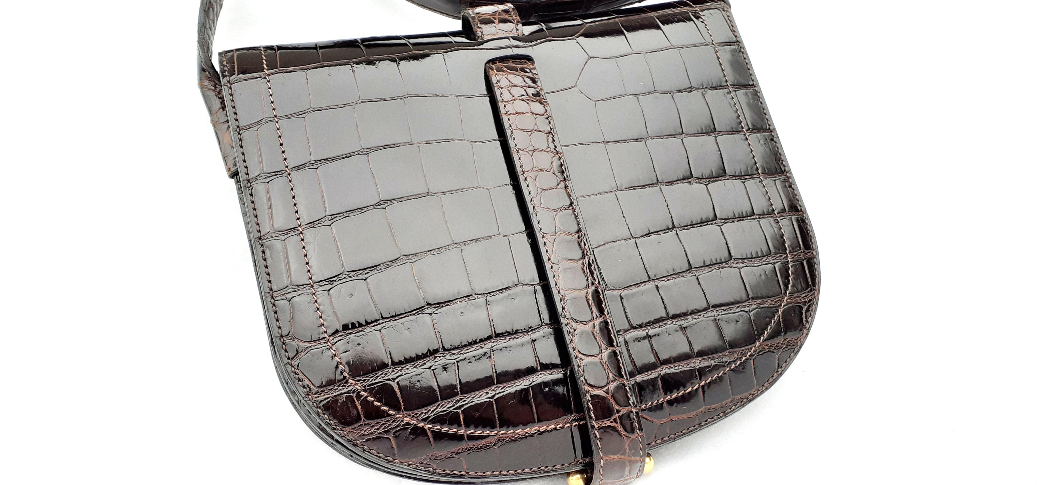 Black Hermès Shoulder Bag Shiny Brown Crocodile Pororus Gold Hdw