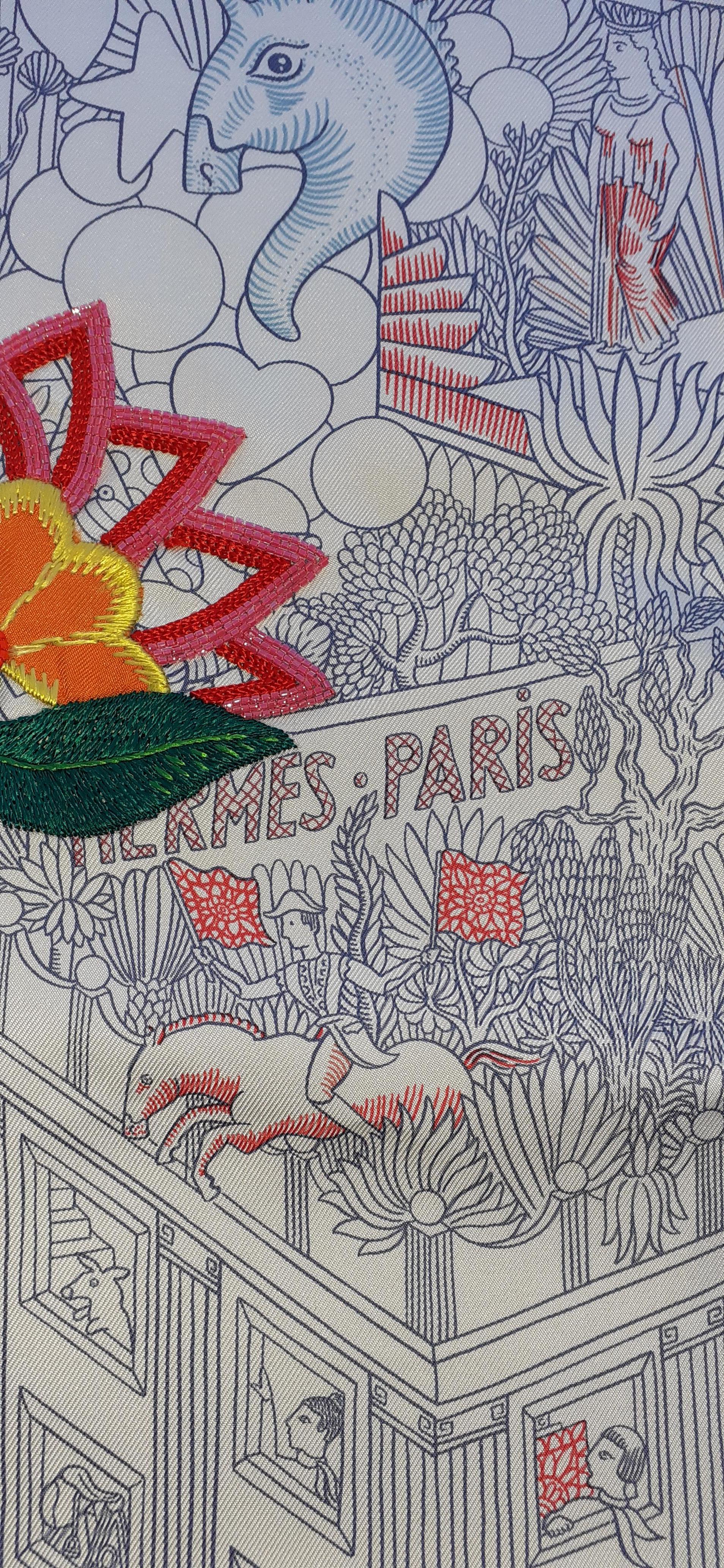 Exceptional Hermès Silk Scarf Animapolis Fleuri Embroidered 90 cm 12
