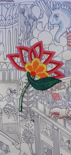 Exceptional Hermès Silk Scarf Animapolis Fleuri Embroidered 90 cm