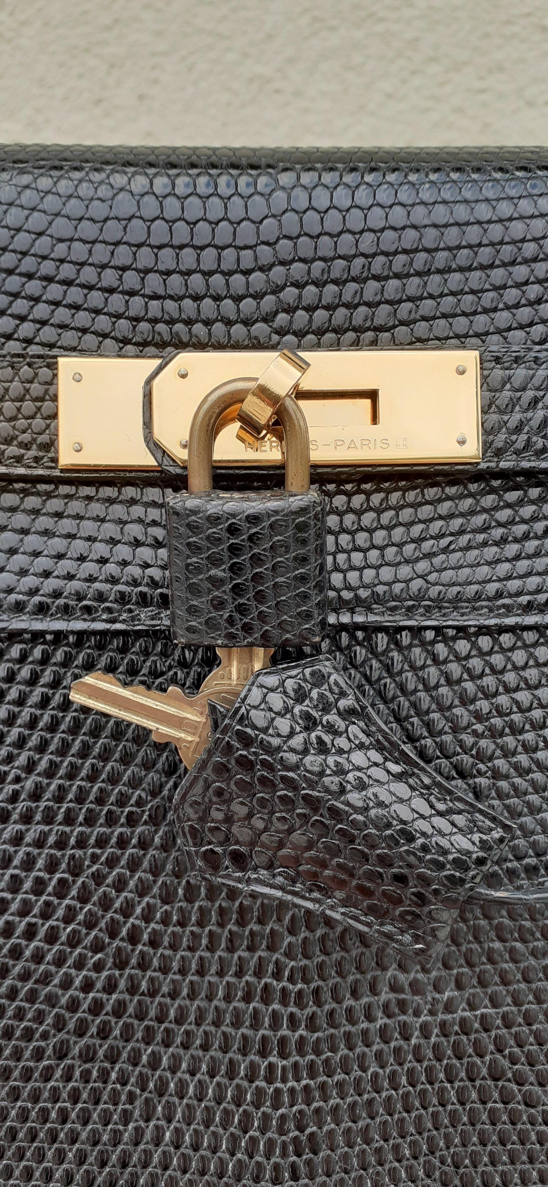 Eccezionale Hermès Sellier Kelly Bag Lucertola nera e Hdw dorato RARA 10
