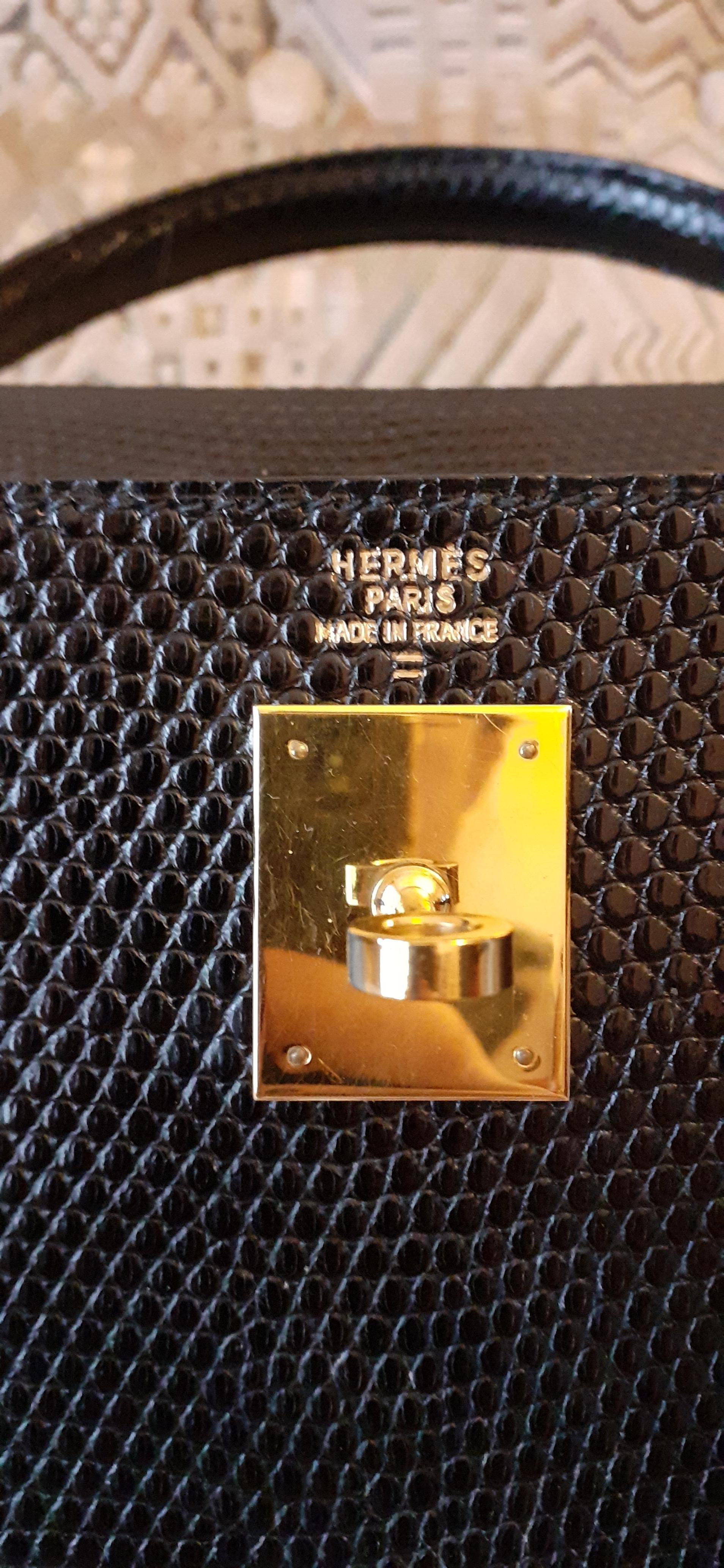 Exceptionnel Hermès Sellier Kelly Bag Lézard noir et or Hdw RARE en vente 1