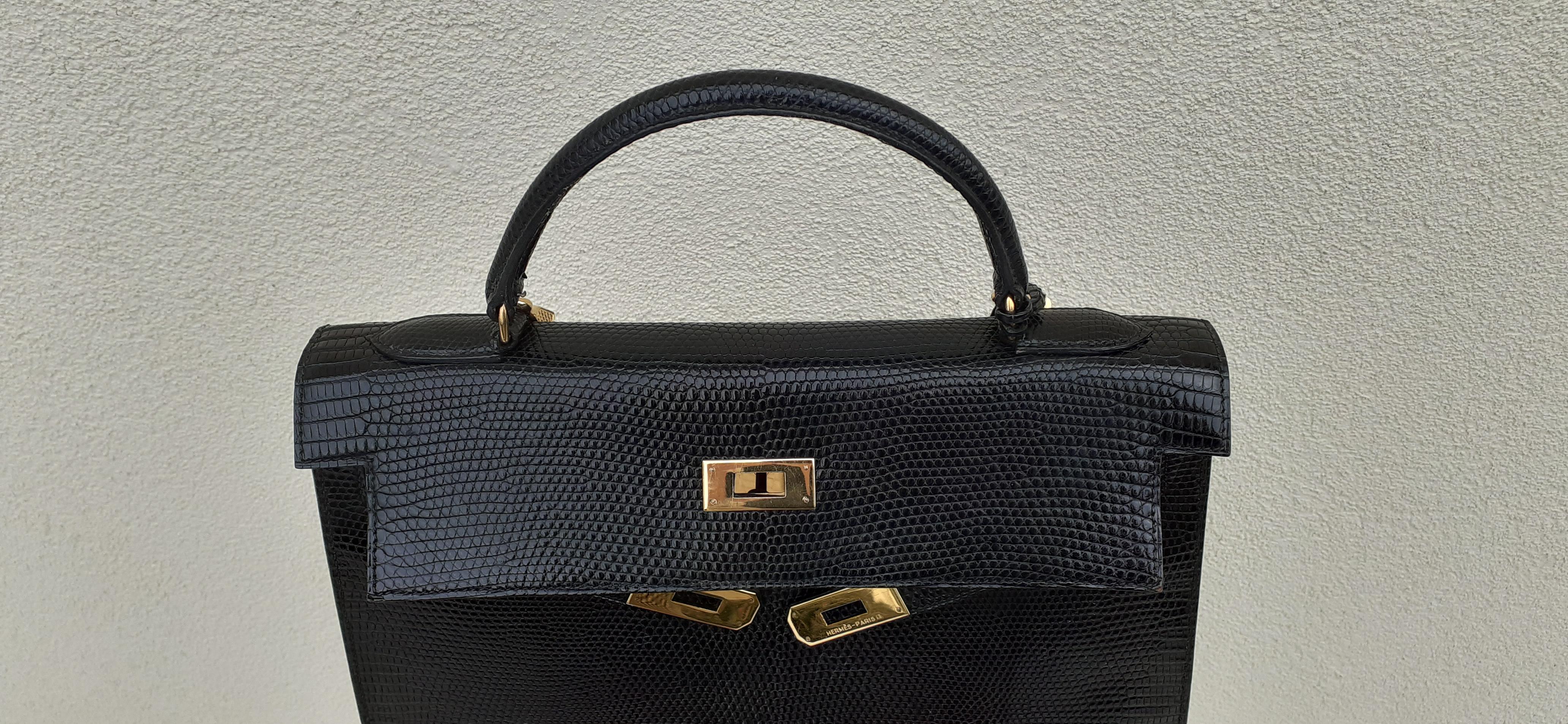Exceptional Hermès Sellier Kelly Bag Black Lizard and Golden Hdw RARE For Sale 2