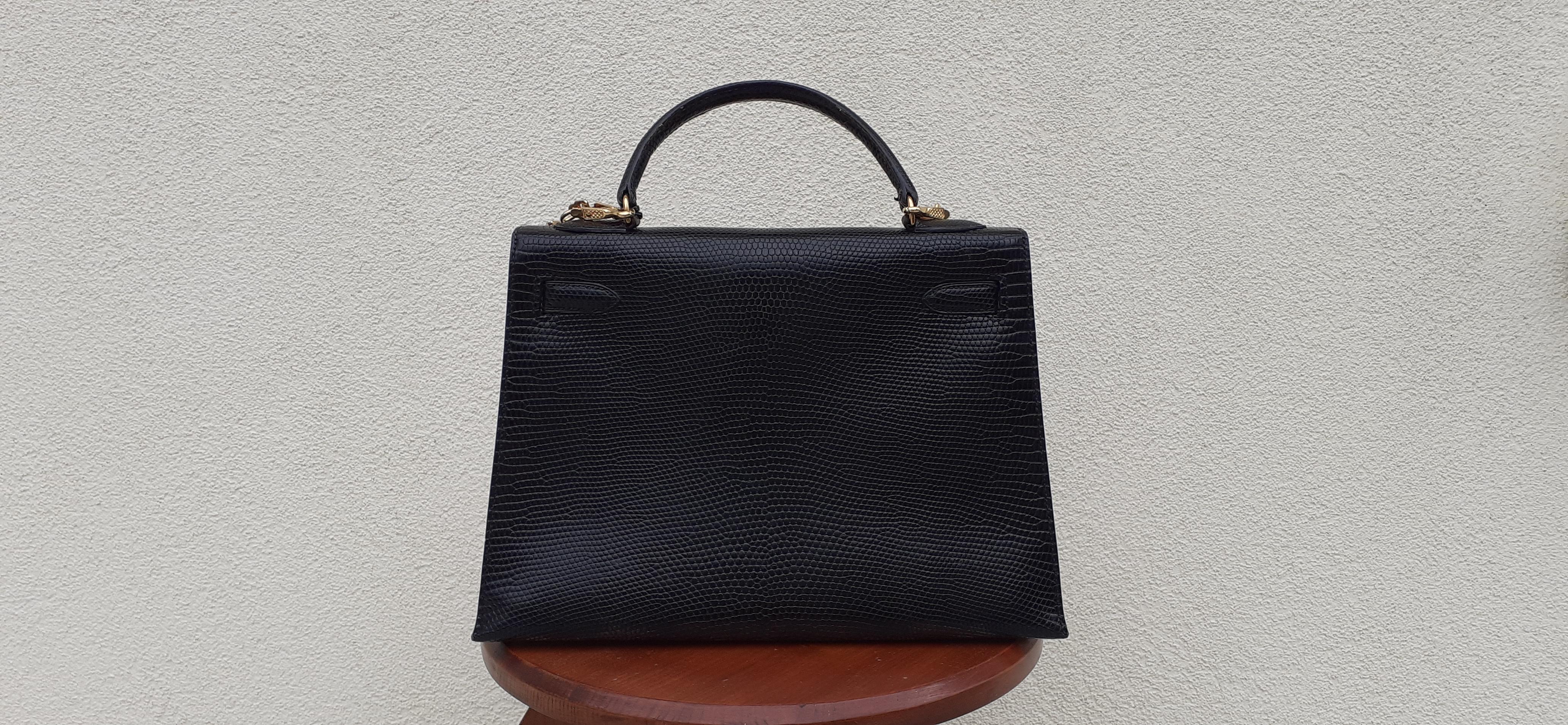 Exceptionnel Hermès Sellier Kelly Bag Lézard noir et or Hdw RARE en vente 3