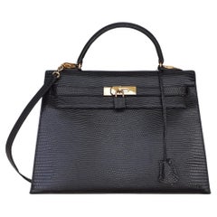 Exceptional Hermès Sellier Kelly Bag Black Lizard and Golden Hdw RARE