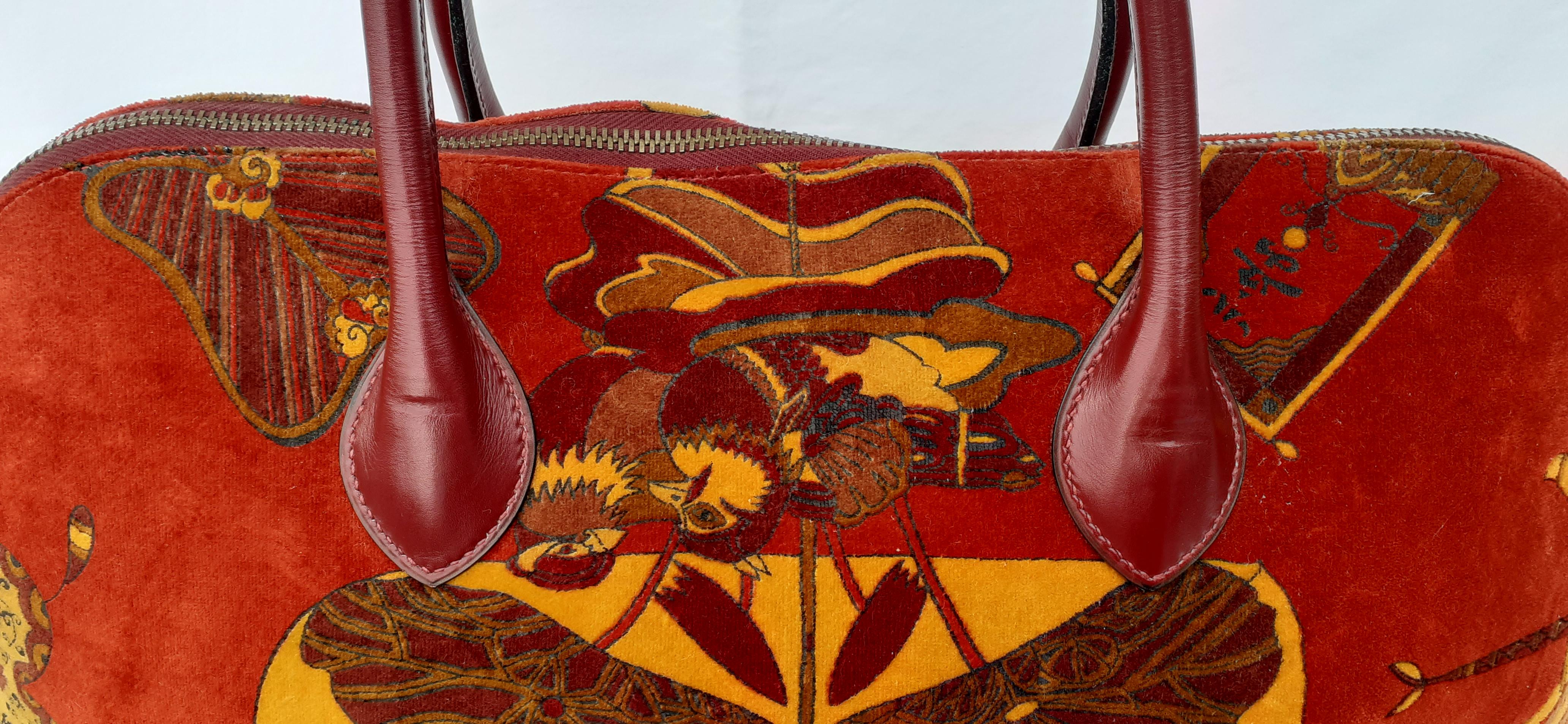 Red Exceptional Hermès Vintage Bolide Bag Velvet Leather Soies Volantes Unique Piece For Sale