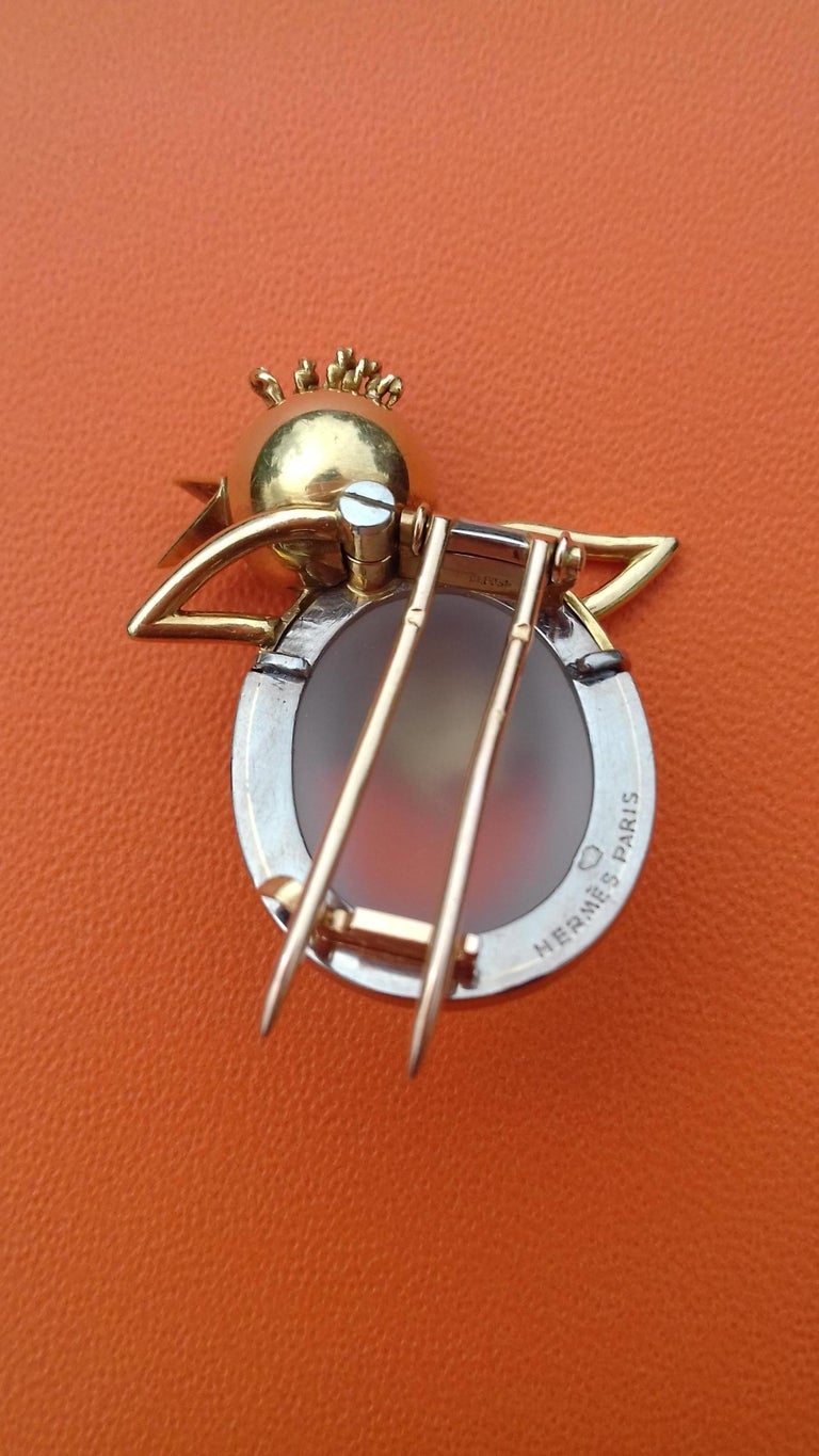 Exceptional Hermès Vintage Eggshell Chick Grey Yellow Gold Brooch