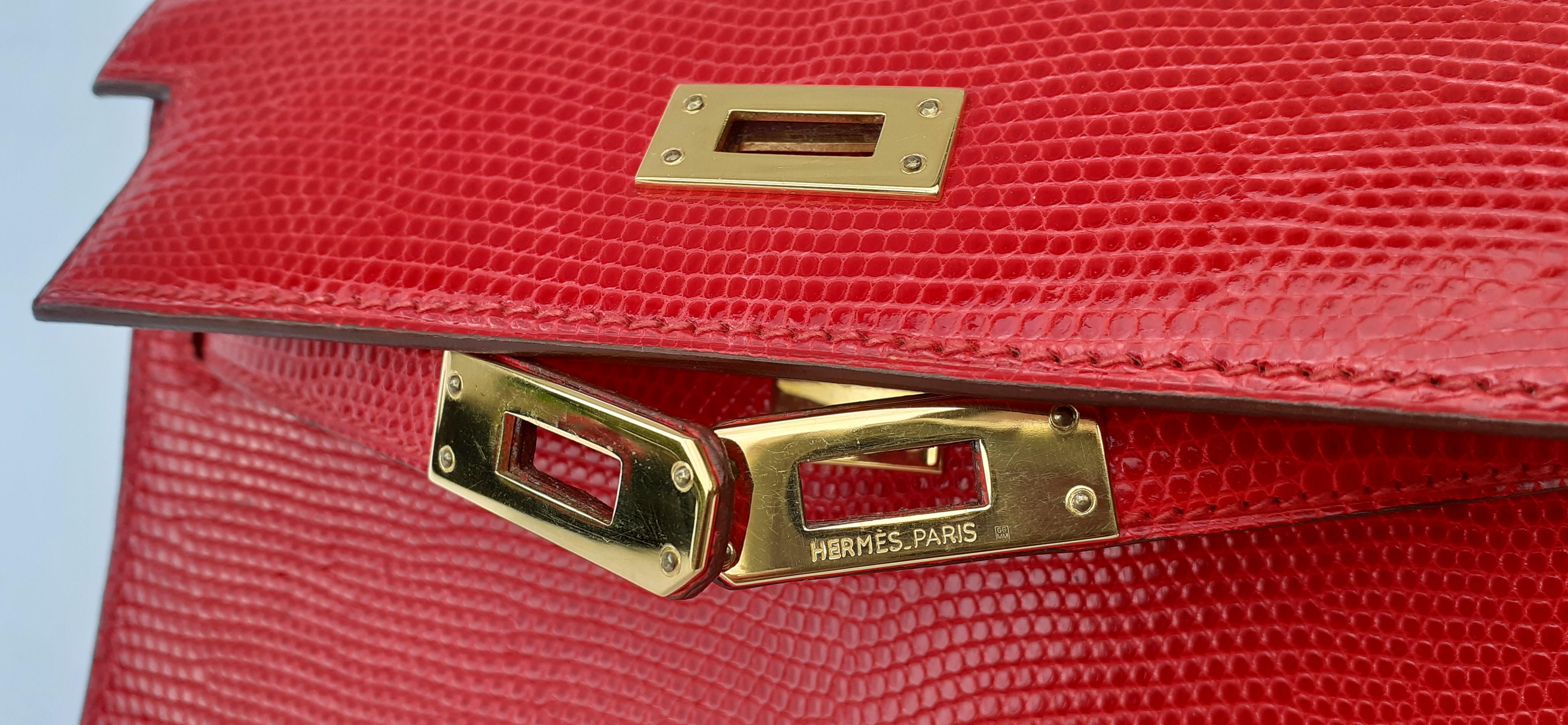 Exceptional Hermès Vintage Mini Kelly Sellier Bag Shiny Red Lizard Gold Hdw 20cm 1