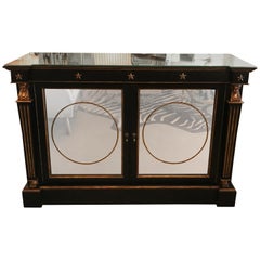 Exceptional Hollywood Regency Ebonized Gilded and Mirrored Sideboard Exceptional Hollywood Regency Ebonized Gilded and Mirrored Sideboard
