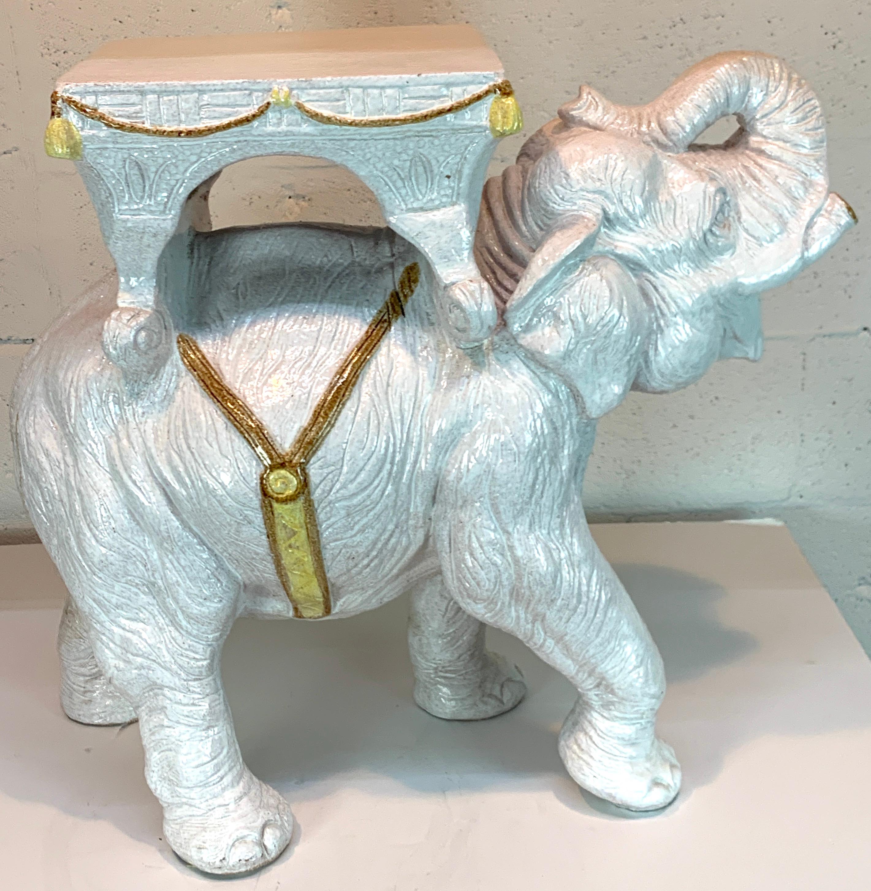 Exceptional Hollywood Regency white parade elephant garden side table, Italy
Highly detailed, with trimmed tusks, and raised right foot and trunk upwards, fitted with a 10” x 11