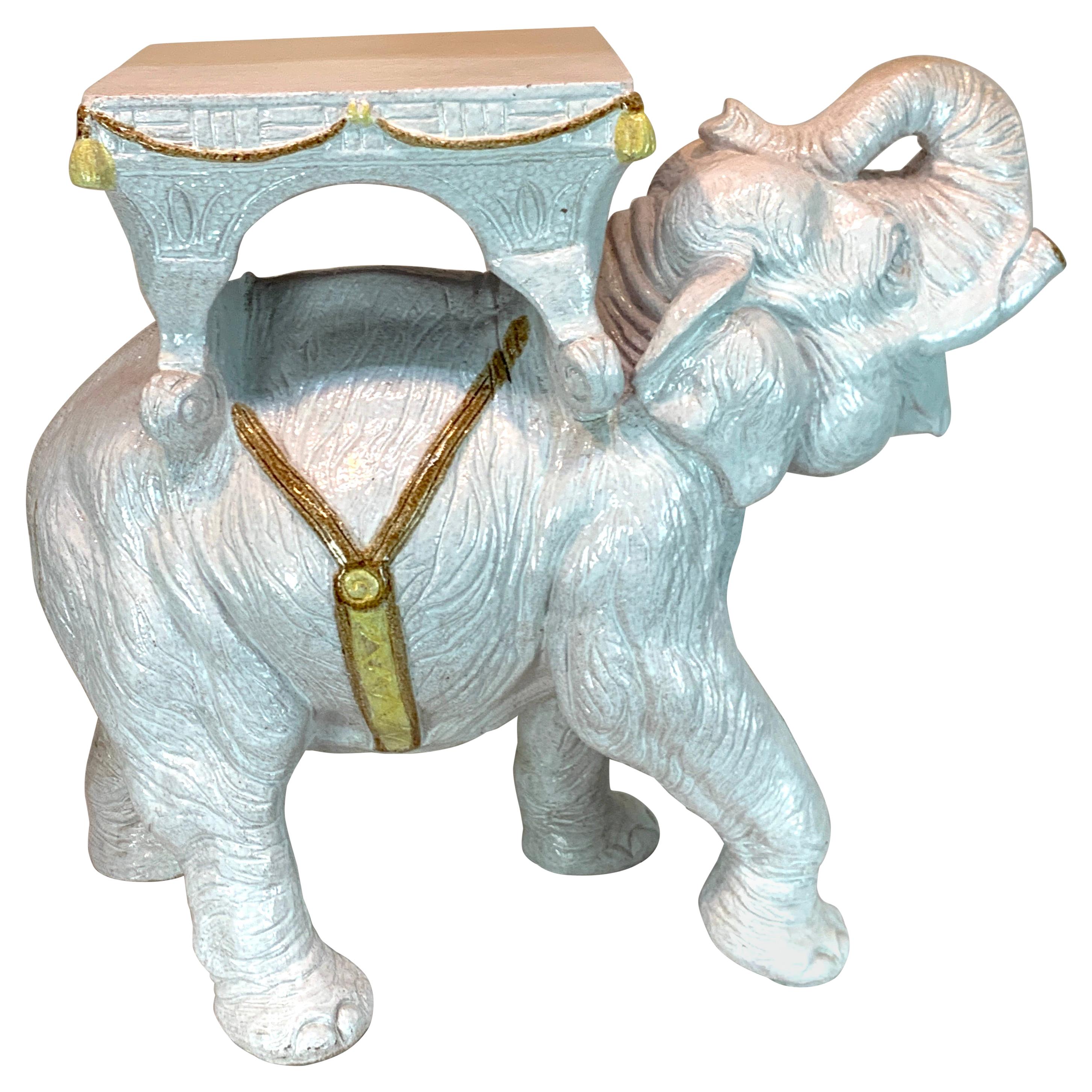 Exceptional Hollywood Regency White Parade Elephant Garden Side Table, Italy