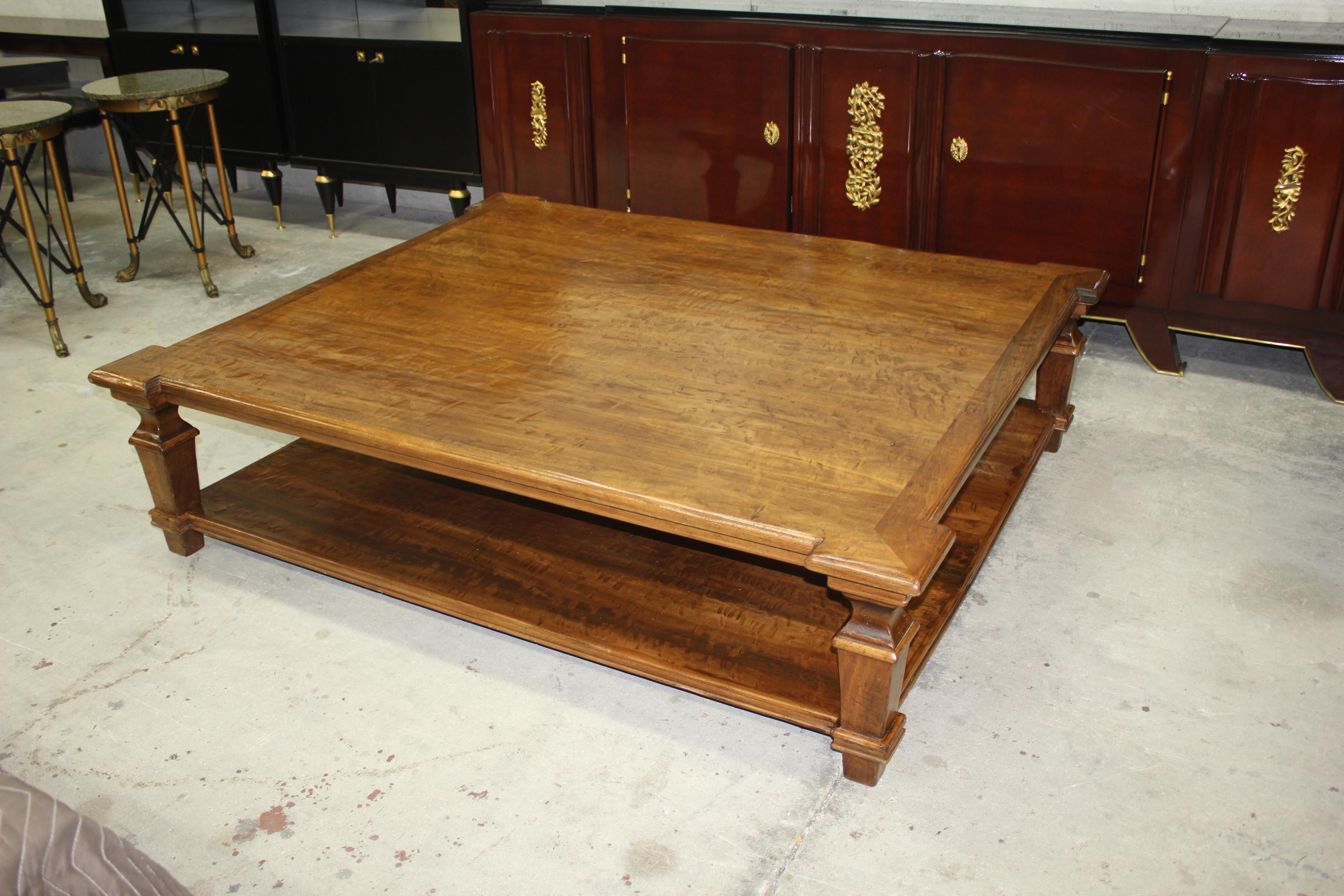Exceptional huge French country solid walnut coffee table circa 19th century ,handcrafted by talented artisans in the early 1900s from Lyon, the coffee table have four beautiful legs with bottom shelf in same country walnut as top. We traveled to