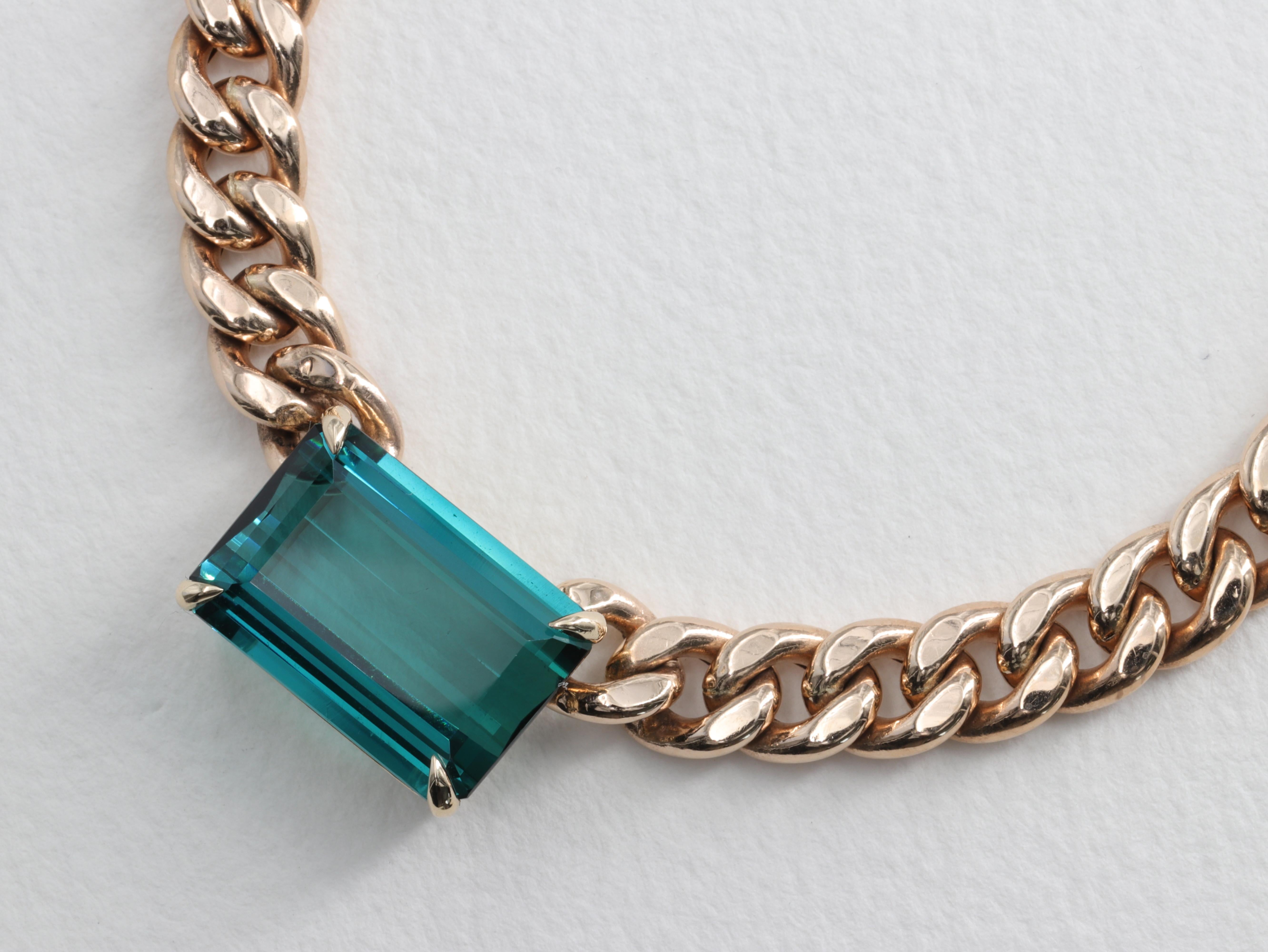 Emerald Cut Exceptional Indicolite Tourmaline Necklace Vintage Curb Link Yellow Gold Chain